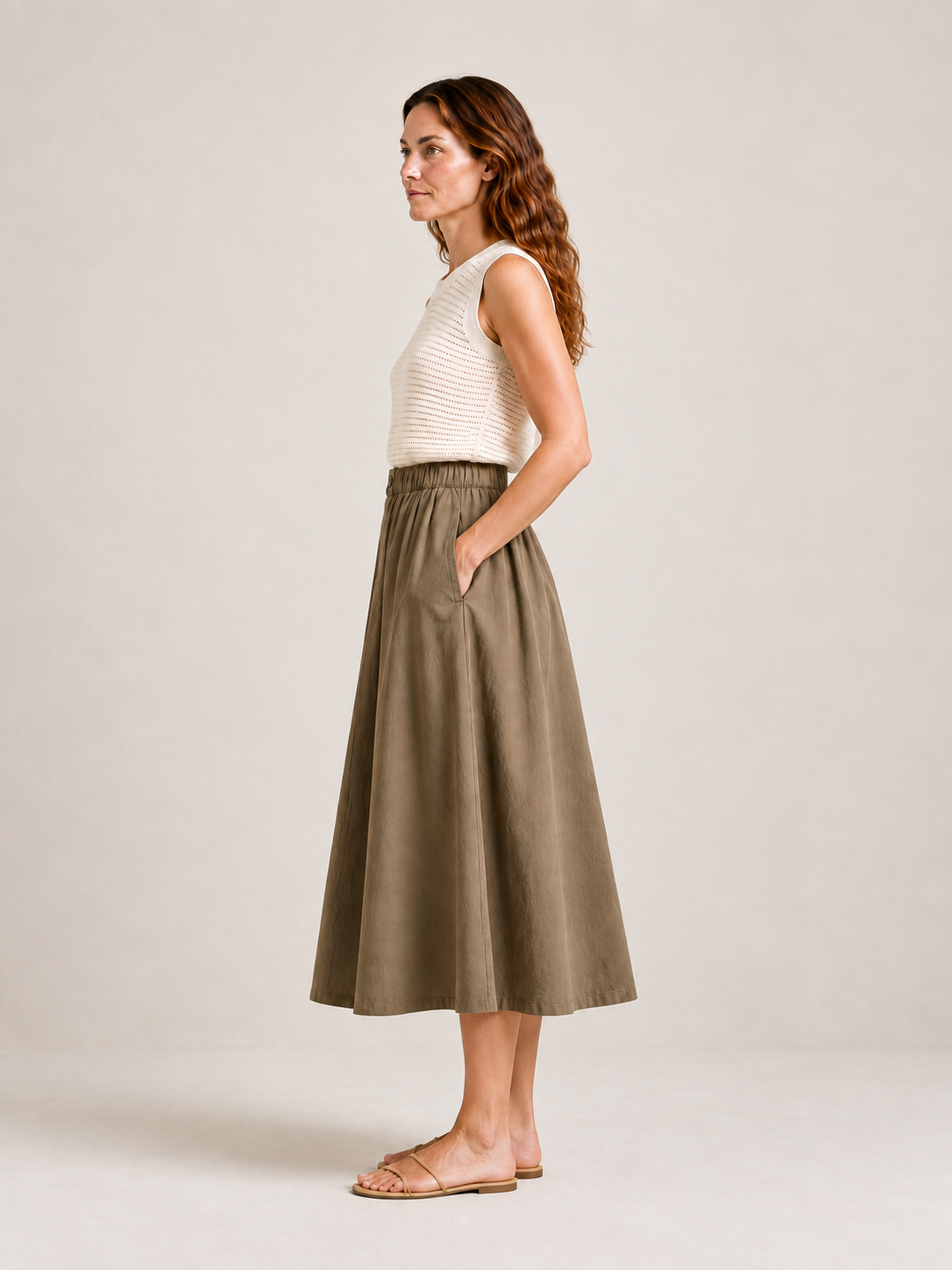 Khaki Button Front Skirt, side view on a model.