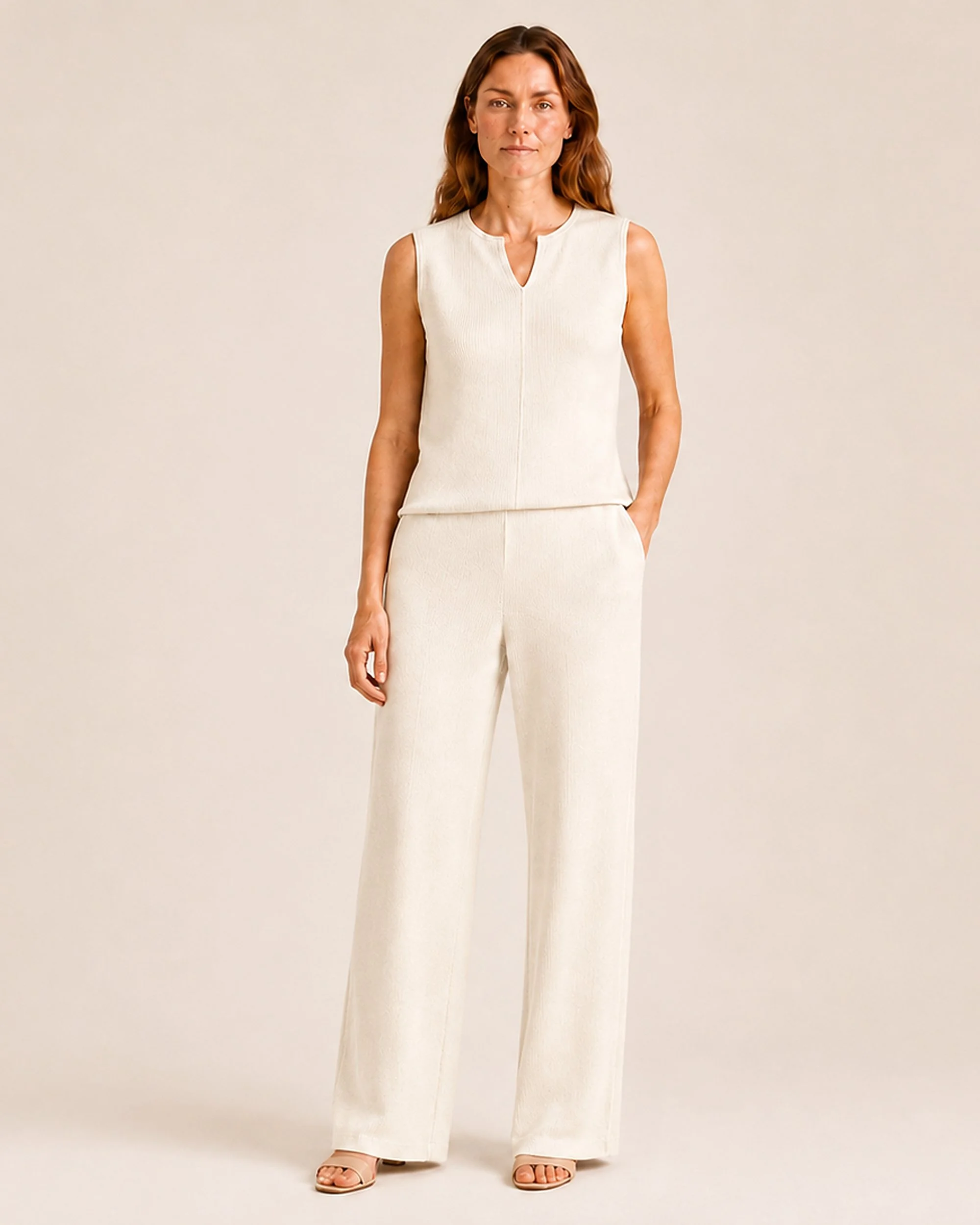 The Flax Studio Fine Rib Knit Set in cream, with a sleeveless split-neck top and matching wide-leg pants.