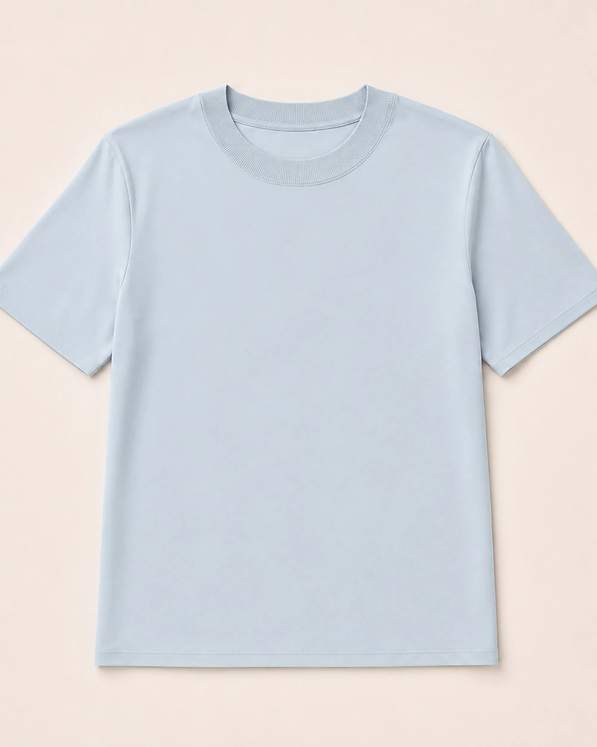 Flat lay of The Flax Studio pale blue Silk Crew Neck Top with a round neckline and short sleeves.