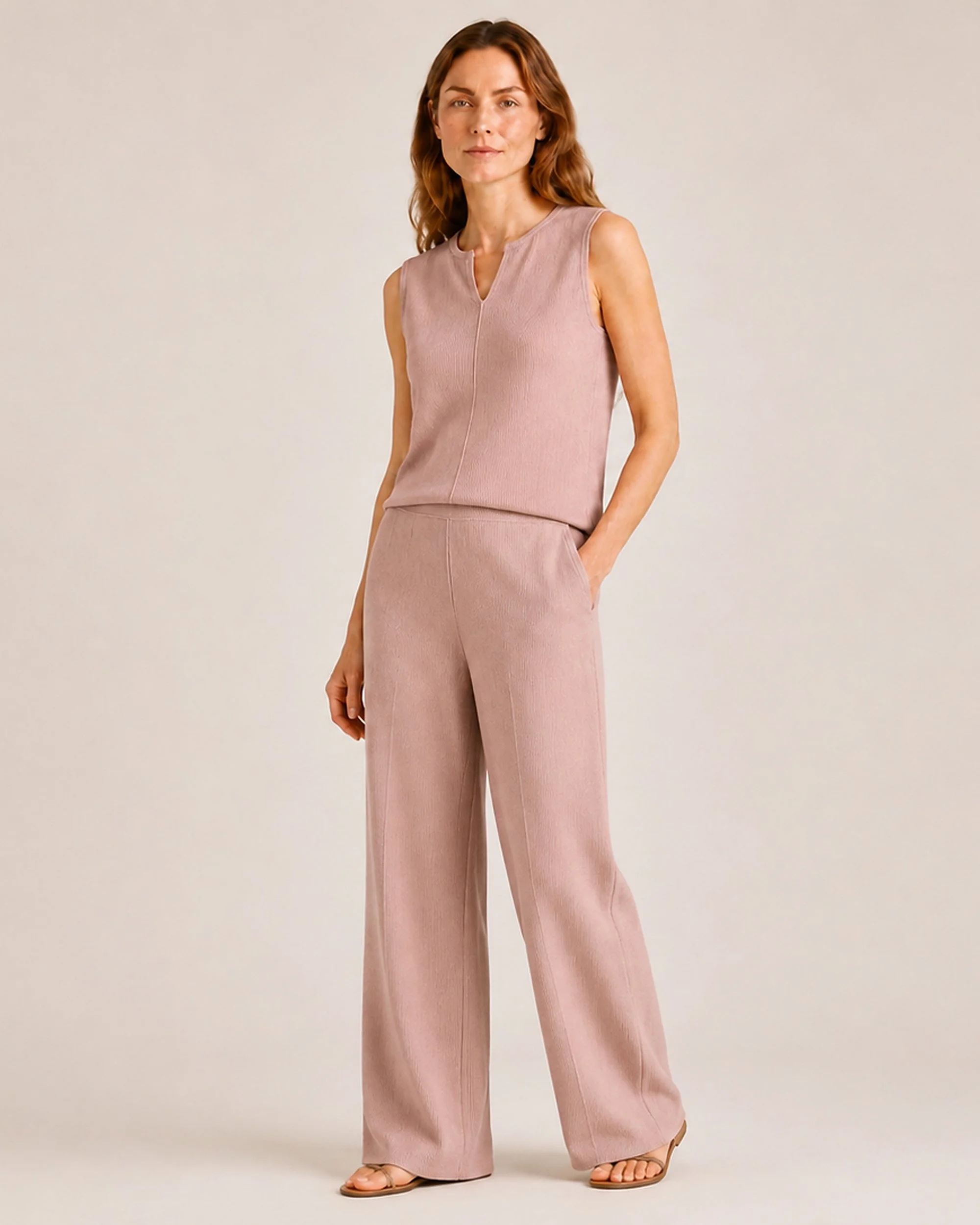 The Flax Studio Fine Rib Knit Set in Tan, with a sleeveless top and matching wide-leg pants.