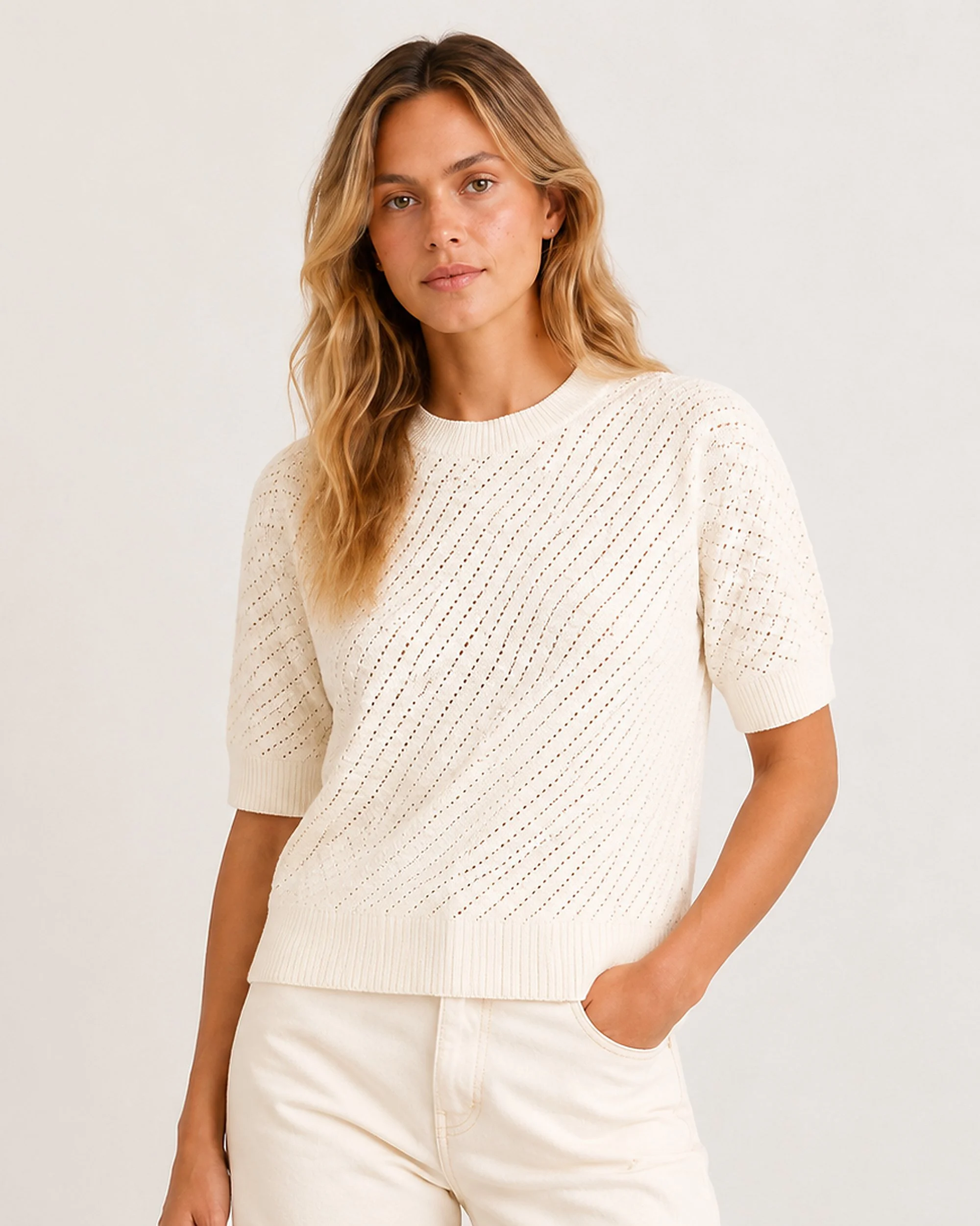 Front view of The Flax Studio cream Mulberry Silk-Cotton Pointelle Knit, showing its relaxed fit and half-length sleeves.