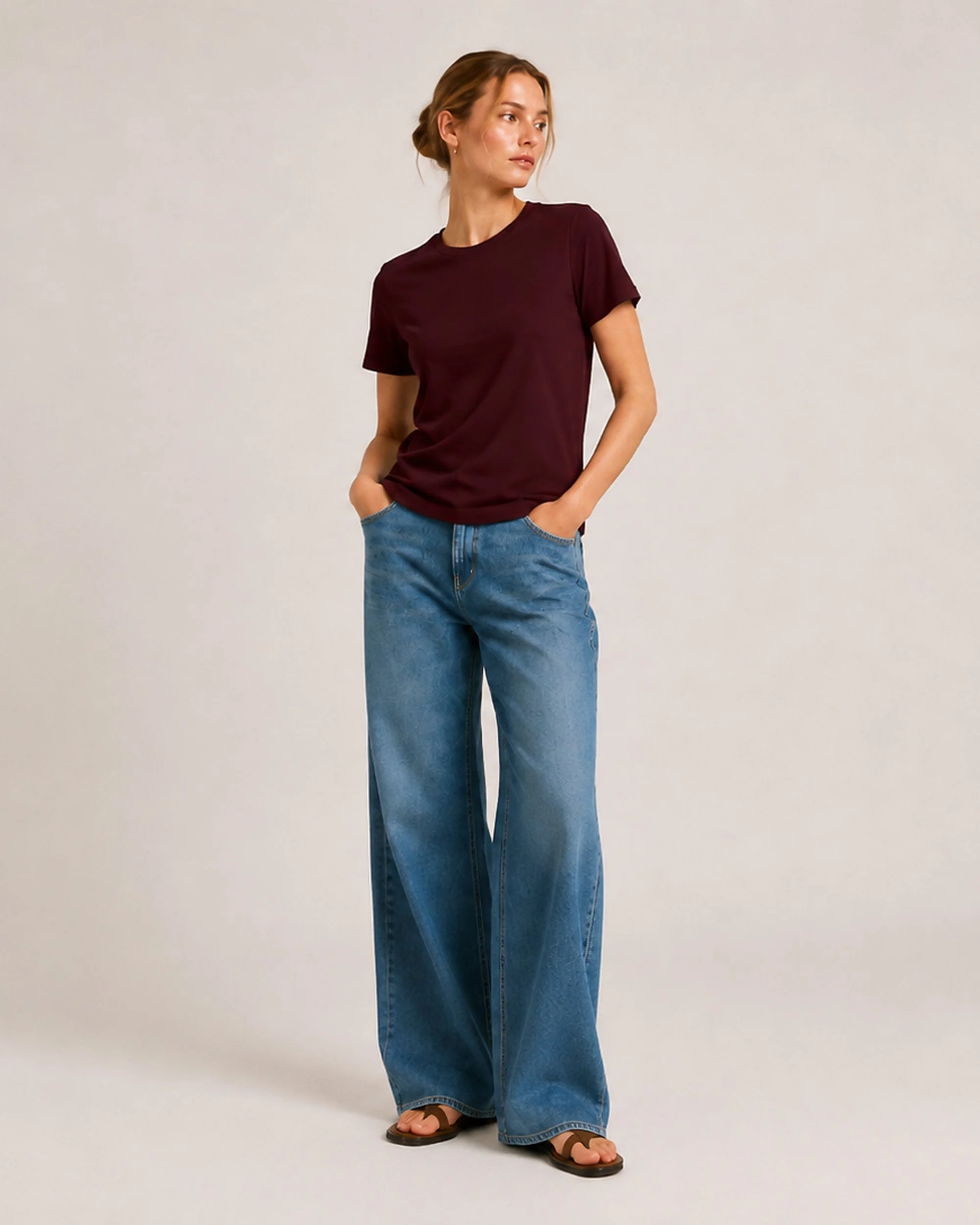 The Flax Studio mercerised cotton T-shirt in chocolate, showing the alternative colour styled with blue jeans.