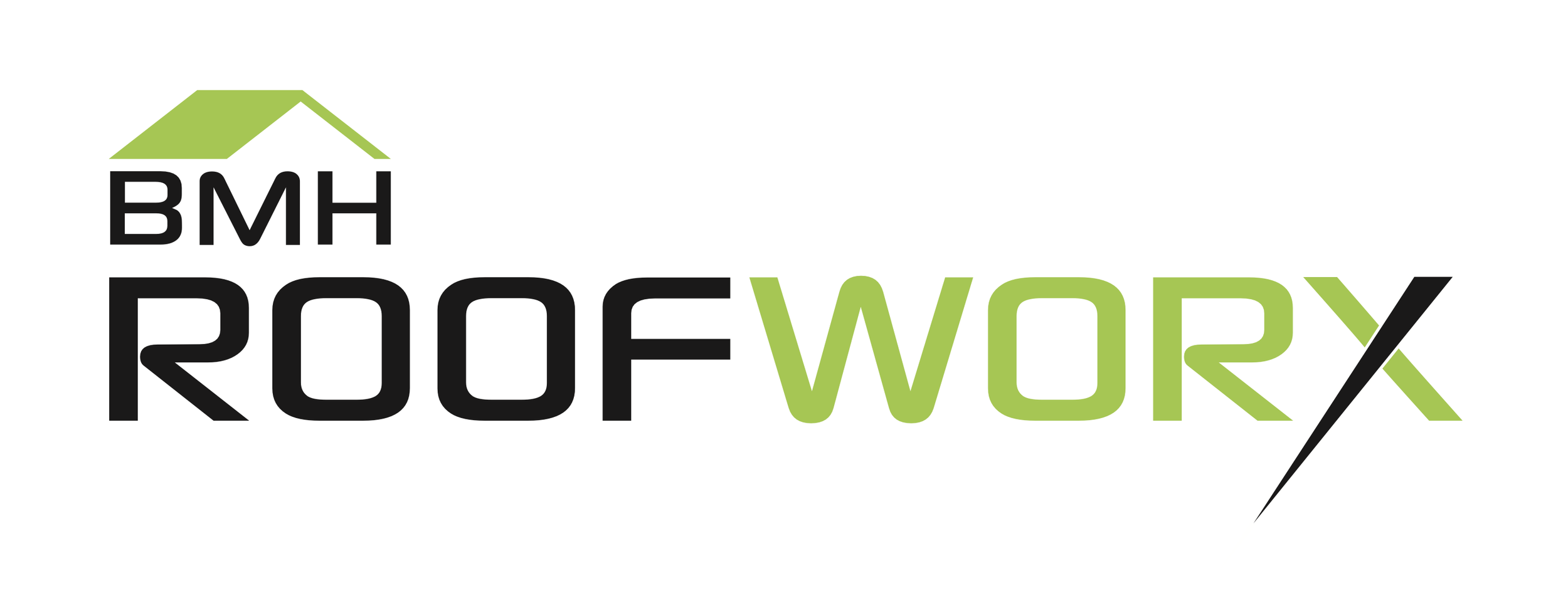 Company logo with a stylized house roof in green above the black and green text 'BMH Roof Wory'.