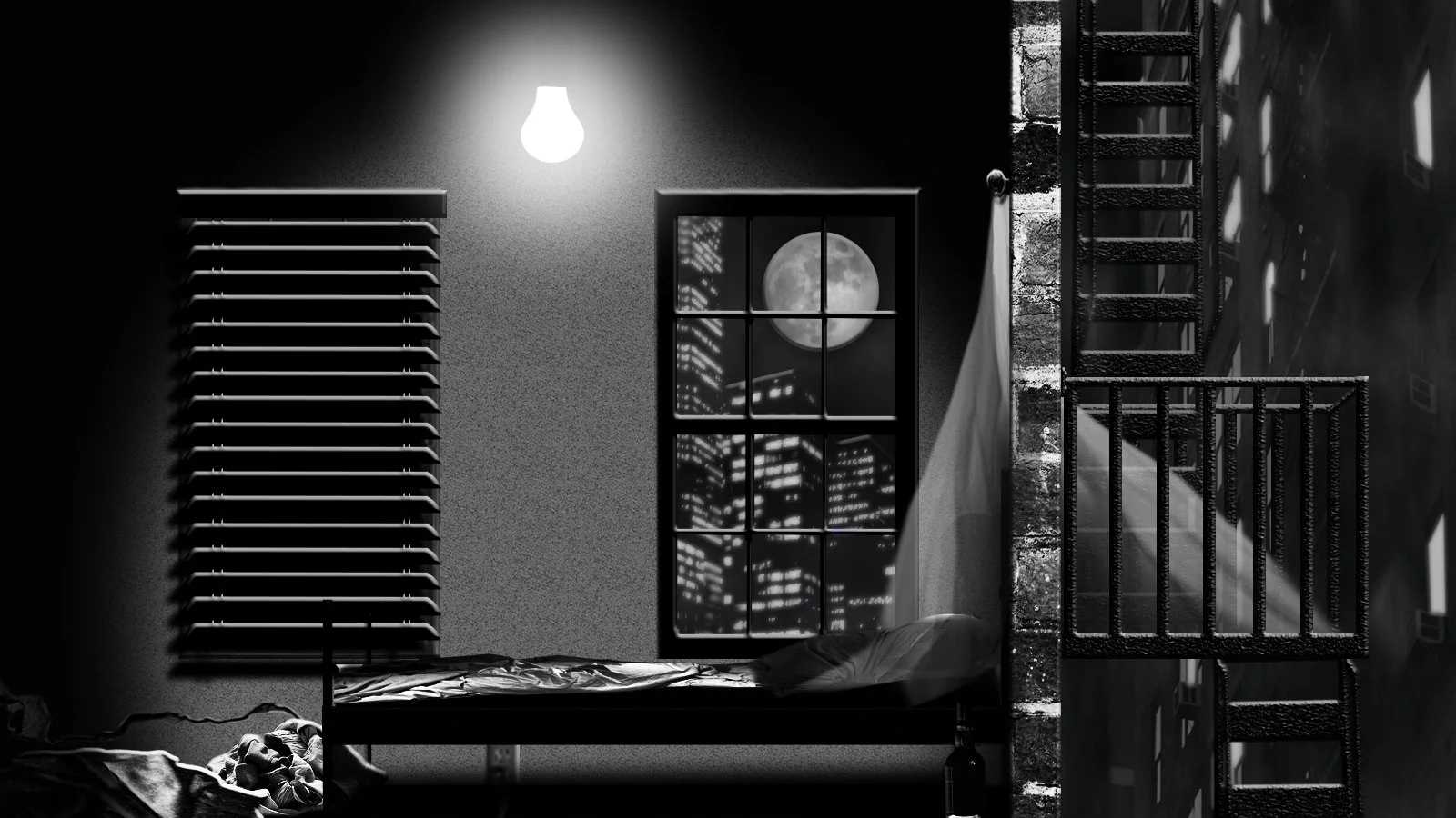 A black and white photo of a bedroom with a bed against the wall, a window showing a city skyline and full moon, and fire escape outside.