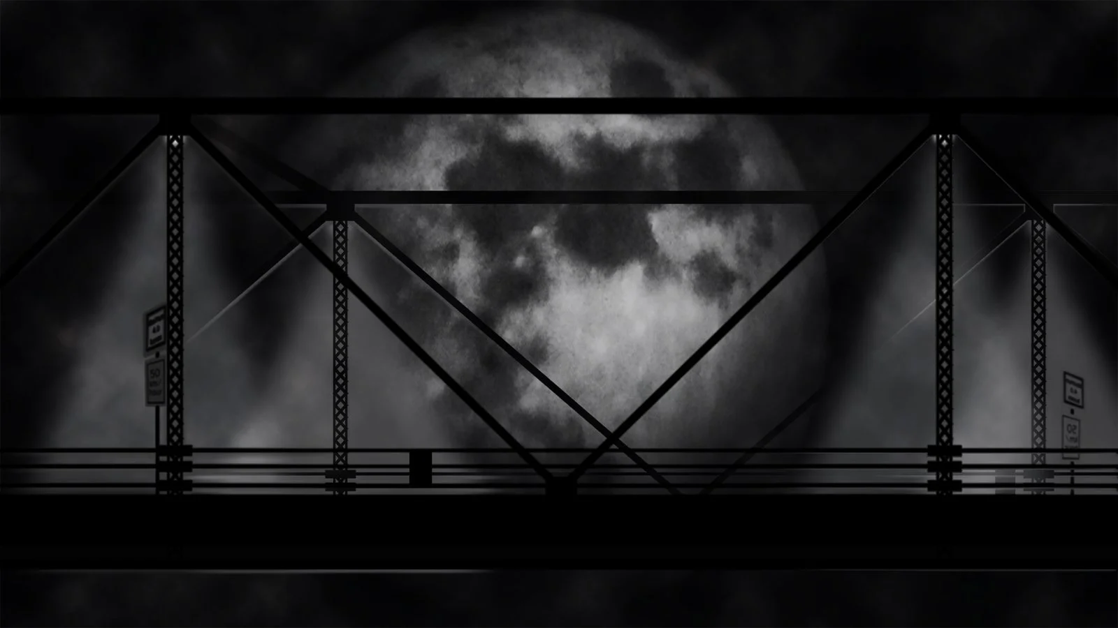 Night scene with a dark, cloudy sky and a silhouette of a metal bridge or structure in front of the moon.