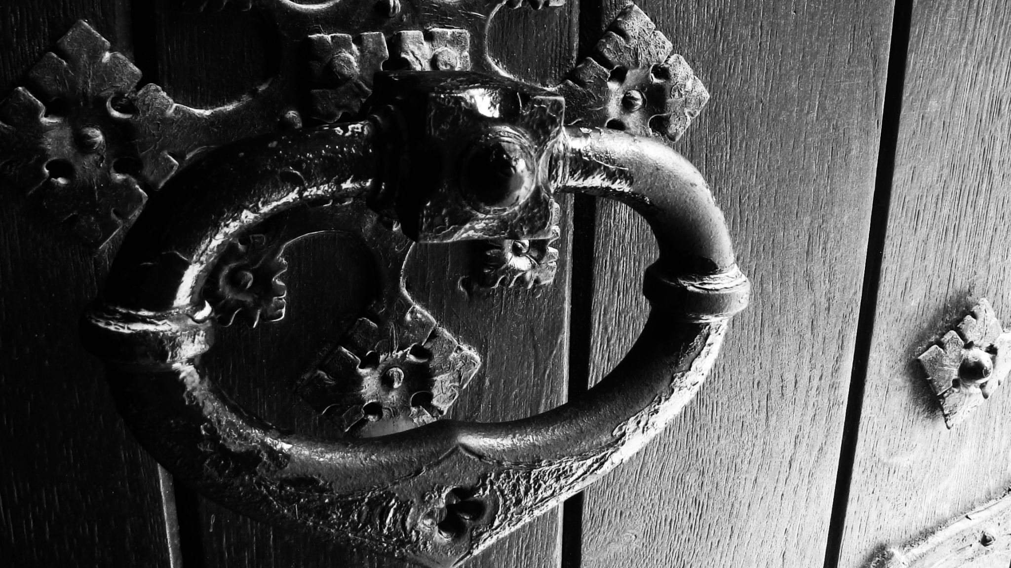 Close-up of an ornate, vintage door handle and lock set, made of metal with decorative floral and leaf patterns, mounted on a wooden door.
