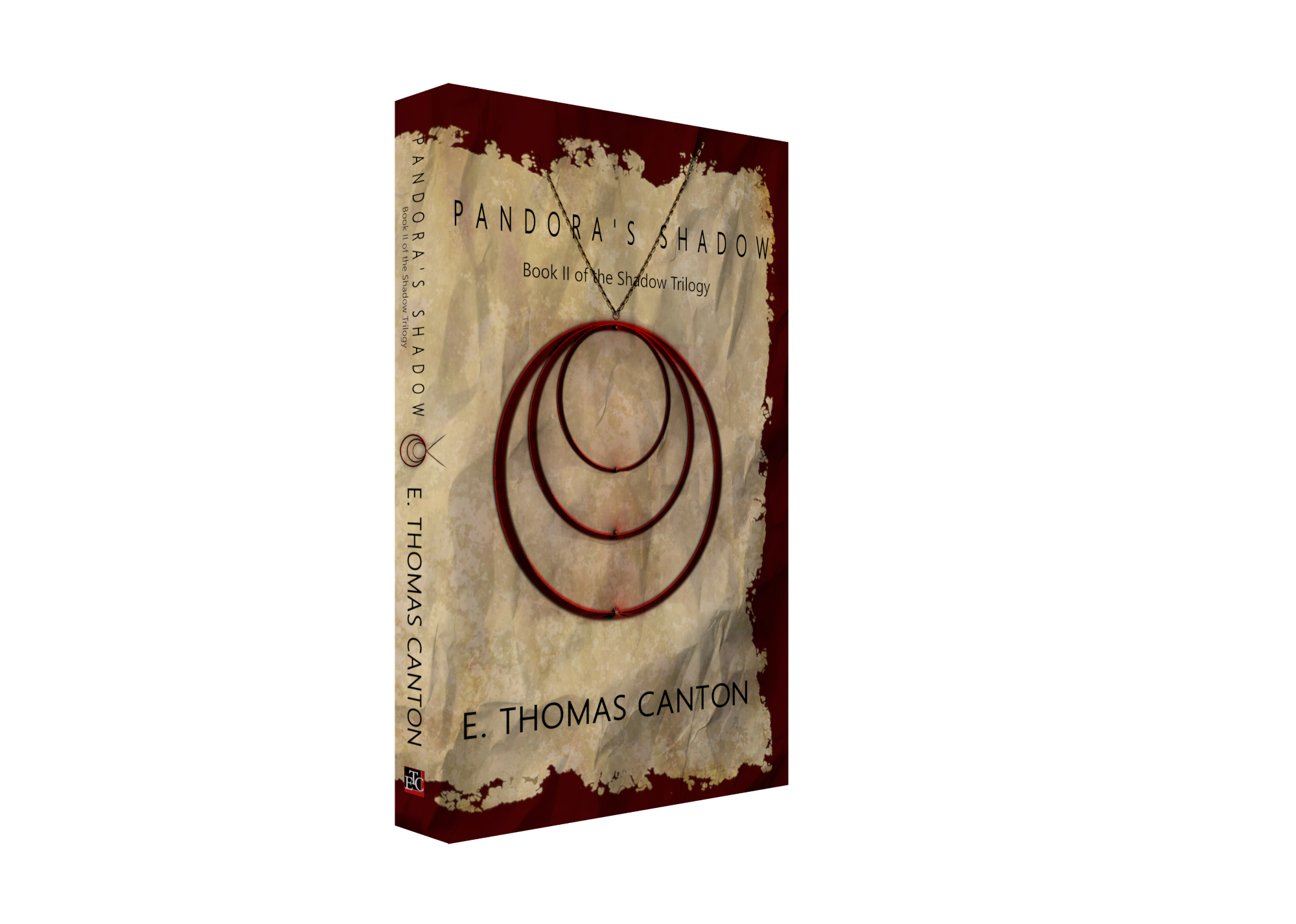 Cover of the book titled "Pandora's Shadow" by E. Thomas Cantono, featuring an aged paper background with a necklace with a spiral pendant. Some text is partially visible, including "Book II of the Shadow Trilogy".
