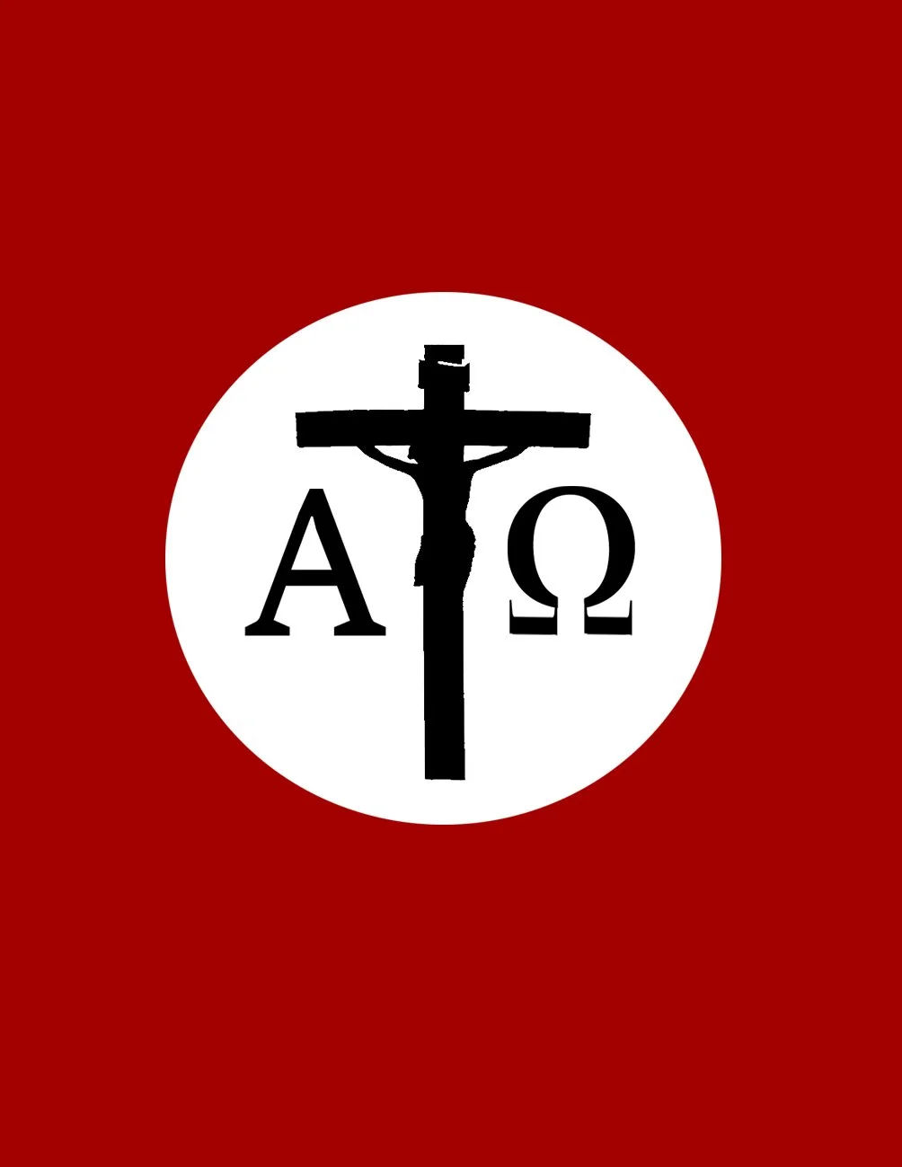 A flag with a red background, a white circle in the center containing a black Christian cross, with the Greek letters Alpha and Omega on either side of the cross.