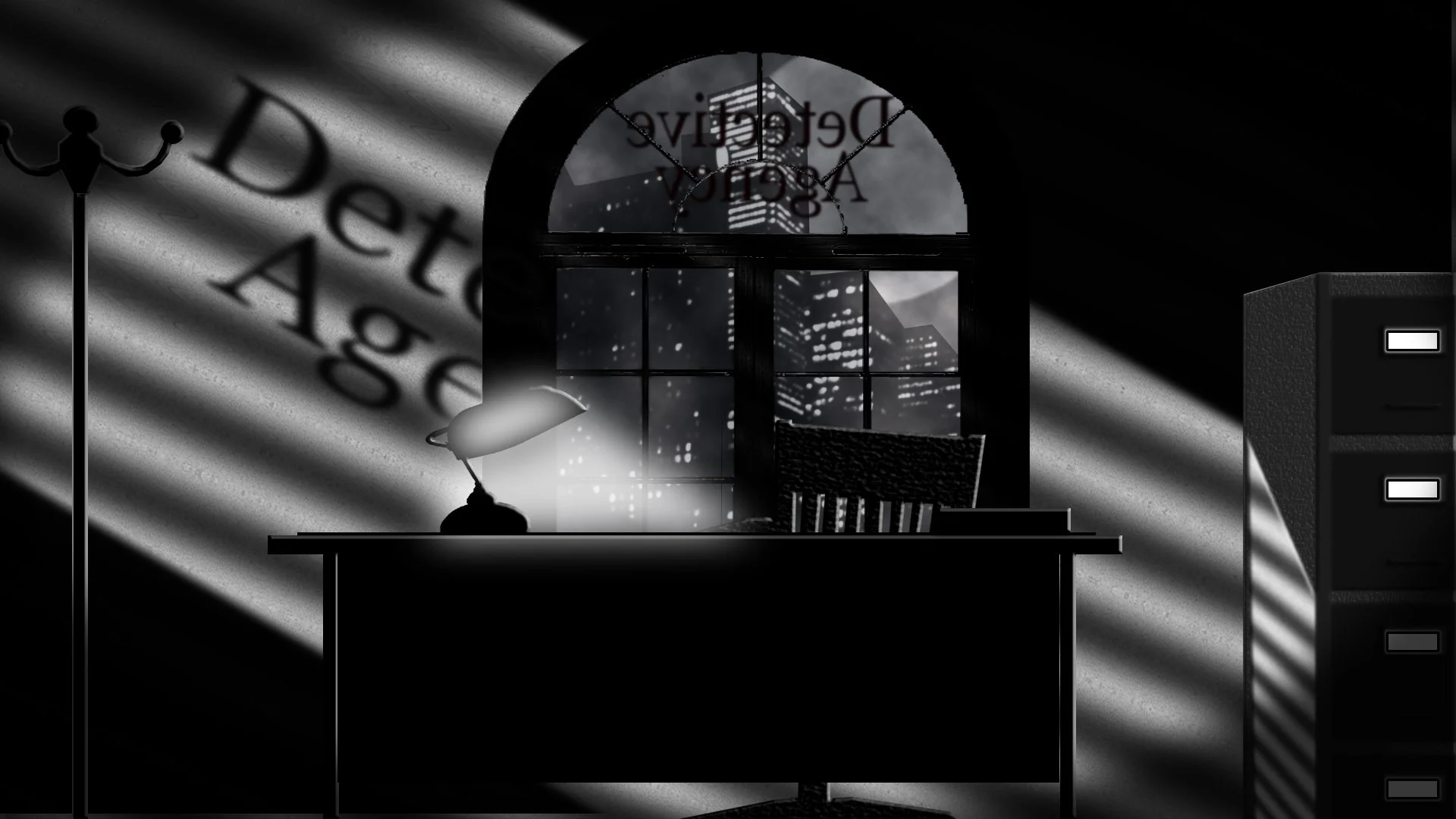 View of a dimly lit room at night with a large arched window showing city buildings outside. Inside, a desk with a lamp, chair, and a tall cabinet are visible, with shadows and rays of light creating dramatic contrasts.
