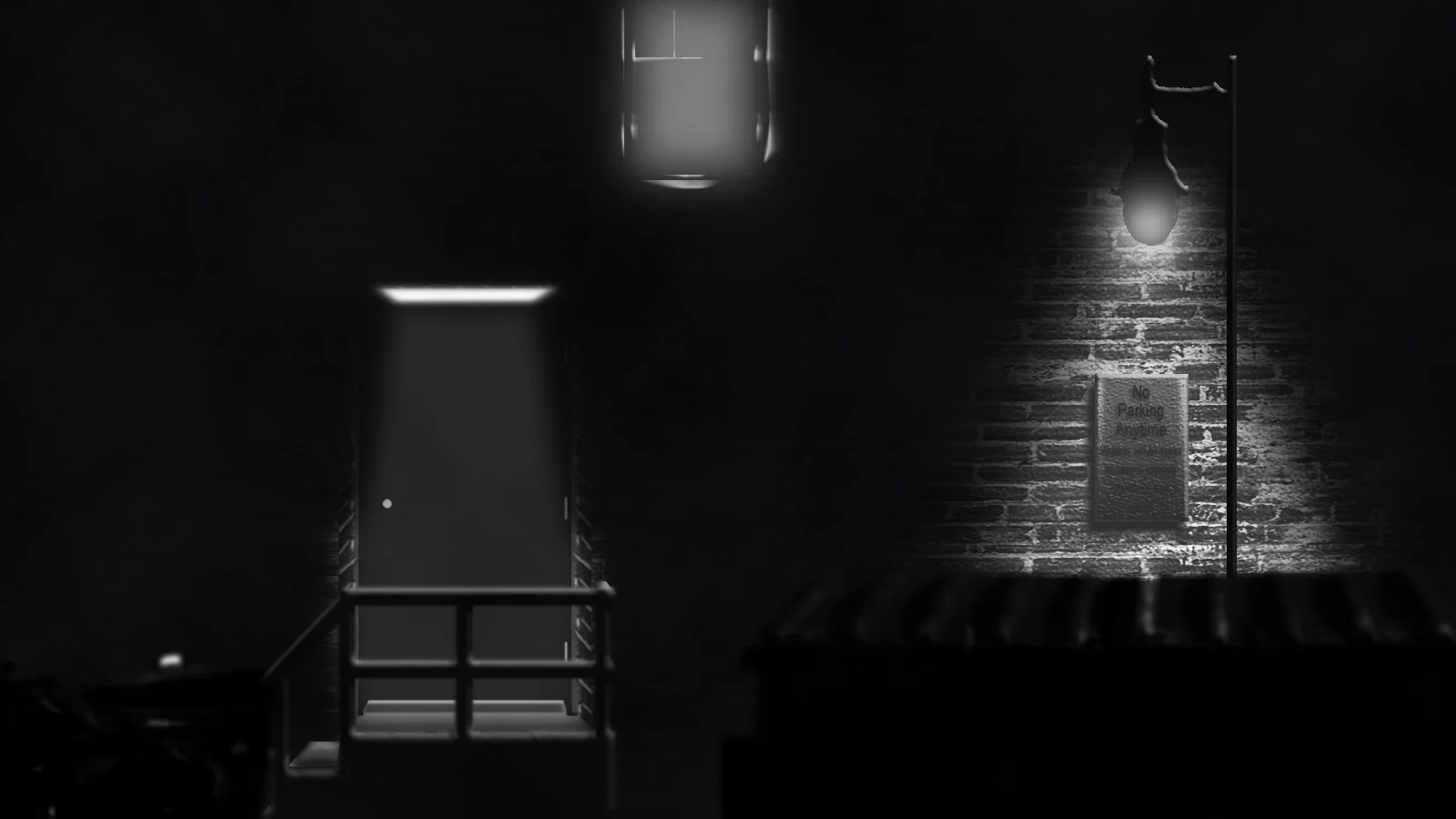 Dark alleyway with a closed door illuminated by a single overhead light, a streetlamp with a hanging lightbulb, and a sign on the brick wall that reads 'No Parking Anytime'.