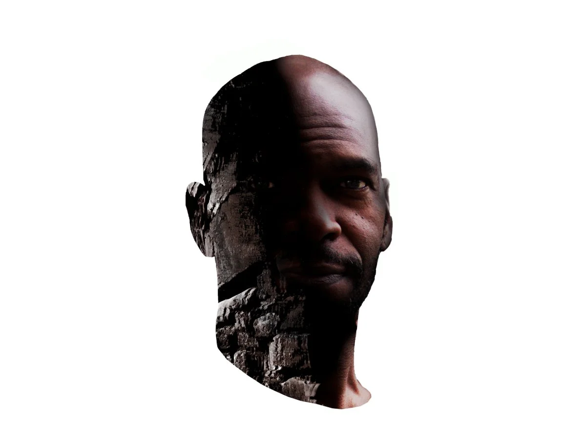 A photo manipulation of a man's face blended with elements of stone walls, creating a double exposure effect.