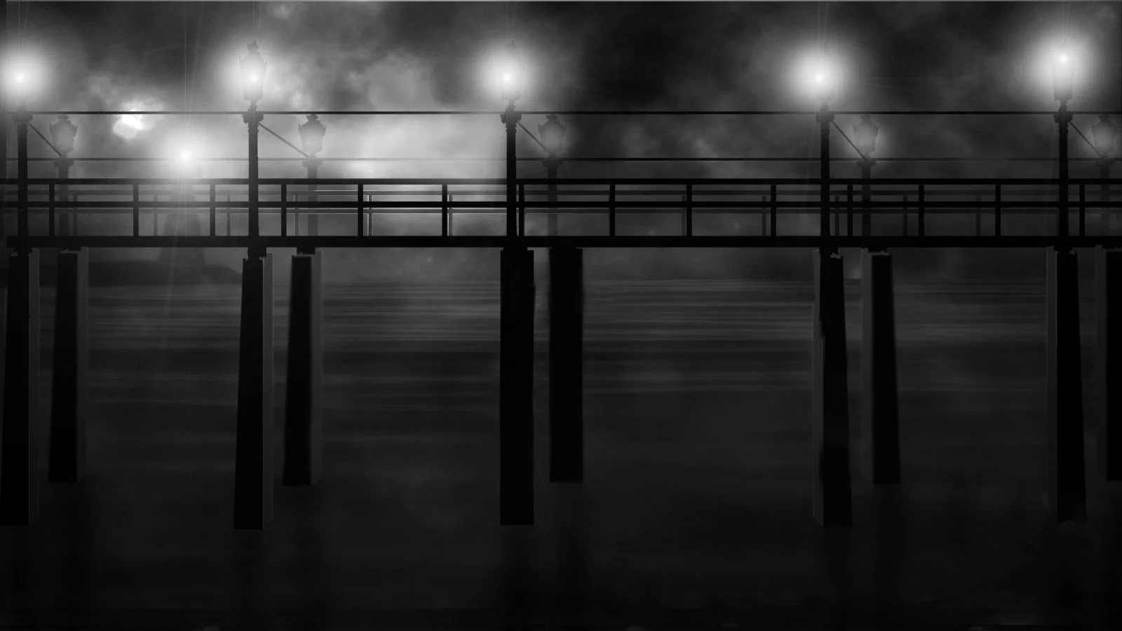 Black and white photo of a pier extending over water with street lamps illuminating the scene, cloudy sky in the background.