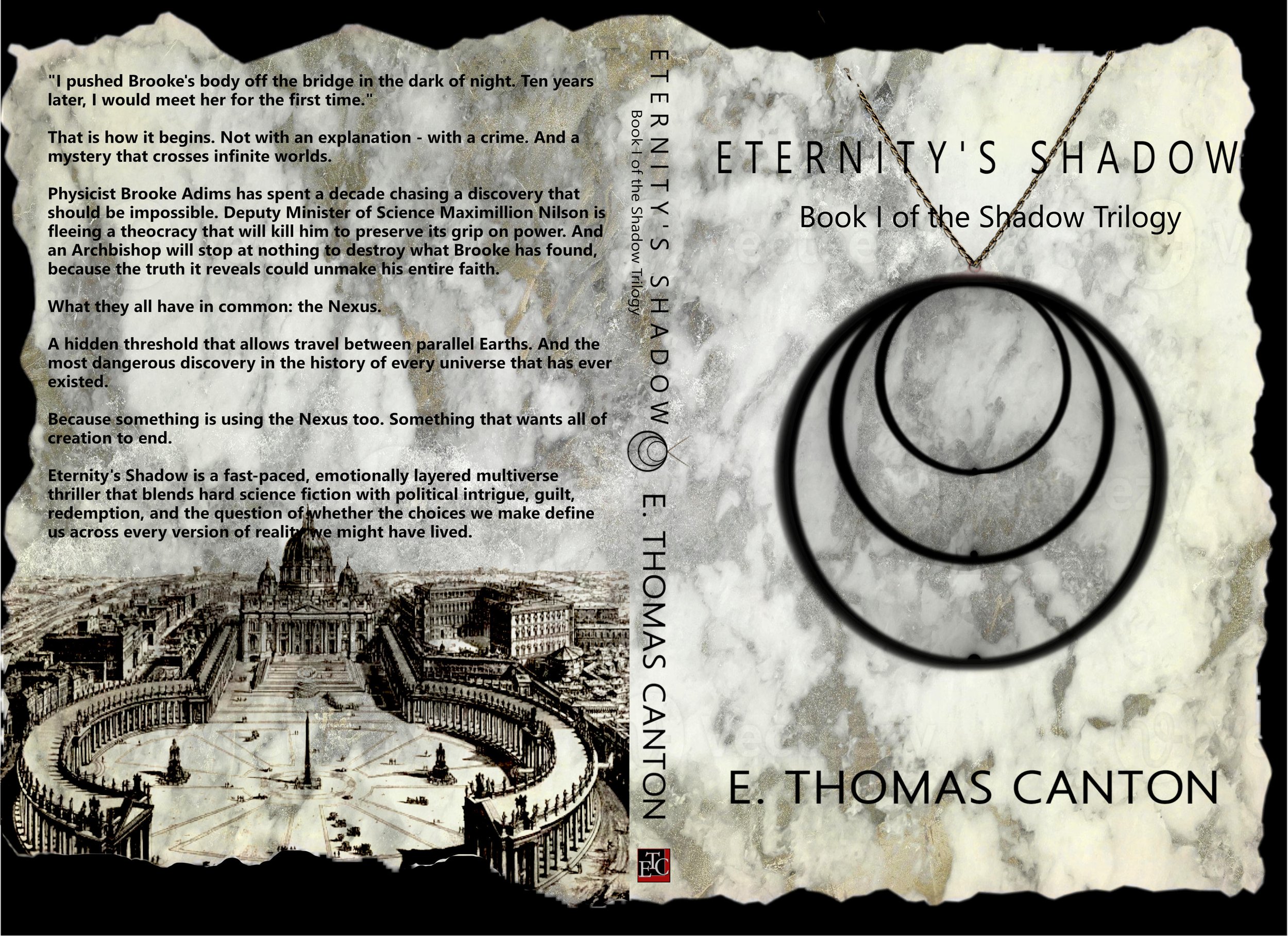 A book cover titled "Eternity's Shadow" by E. Thomas Canton. The background has a marble texture with a black spiral or circular design on the right side. The front cover features a black-and-white illustration of St. Peter's Basilica and St. Peter's
