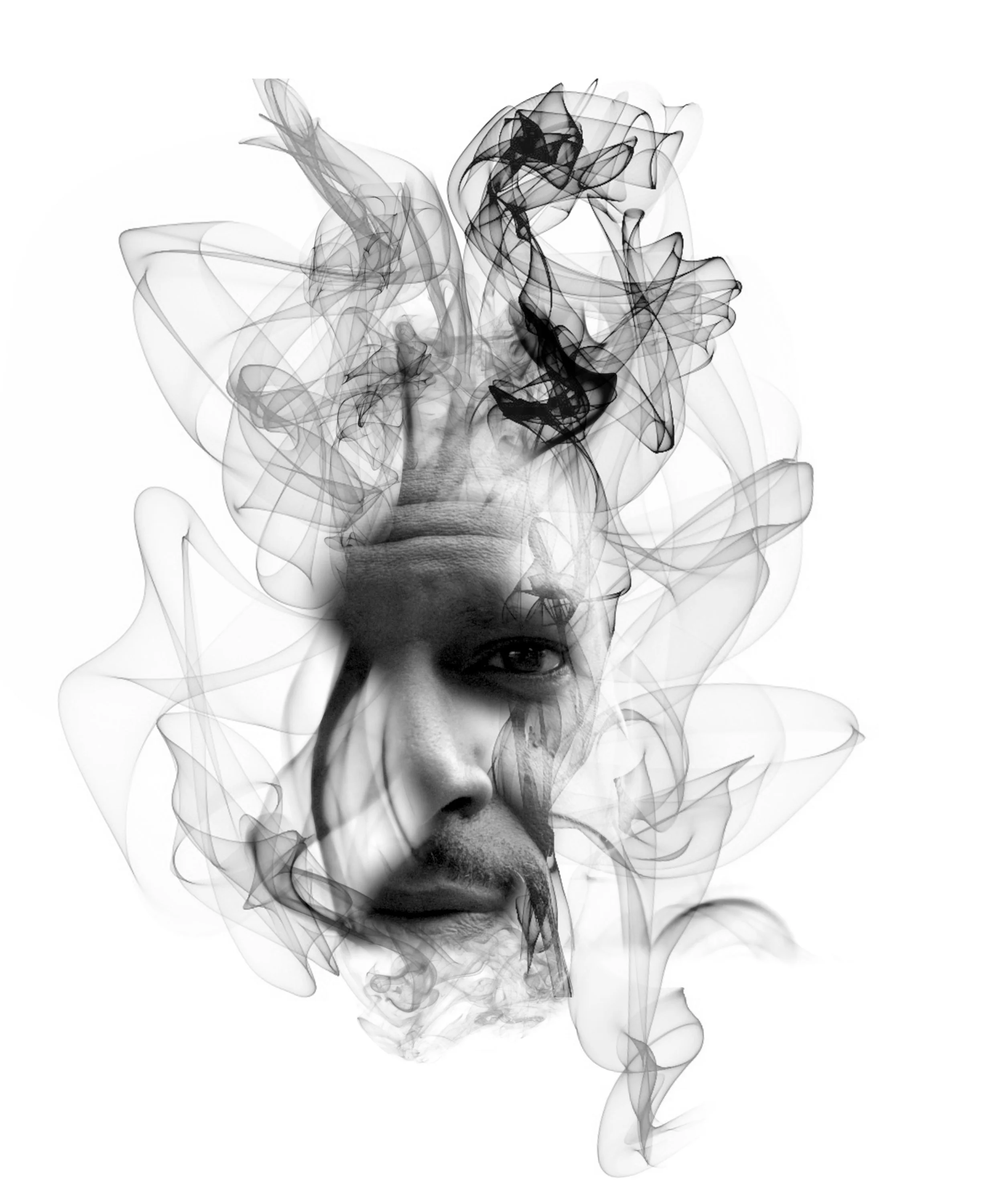 A black and white digital illustration of a woman's face with her eyes partially closed, surrounded by swirling smoke or ink. The smoke forms abstract patterns and shapes around her head.