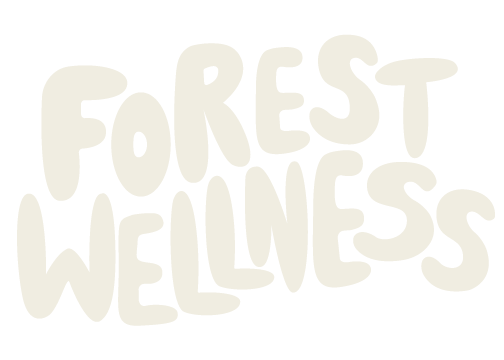 Text that reads 'FOREST WELLNESS' in large, white, playful font on a black background.