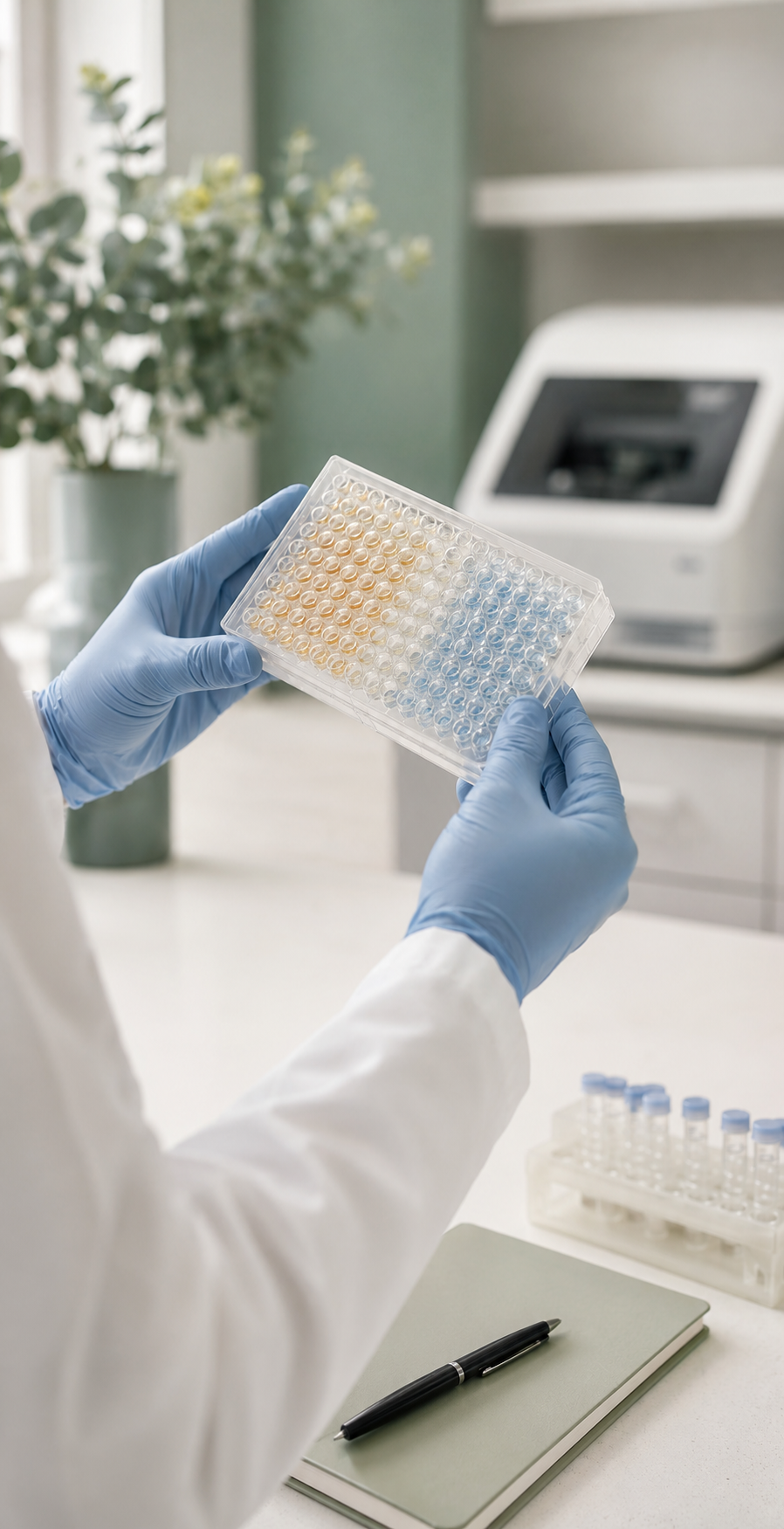 A scientist wearing blue gloves holding a plastic test tube rack with small test tubes in a laboratory.