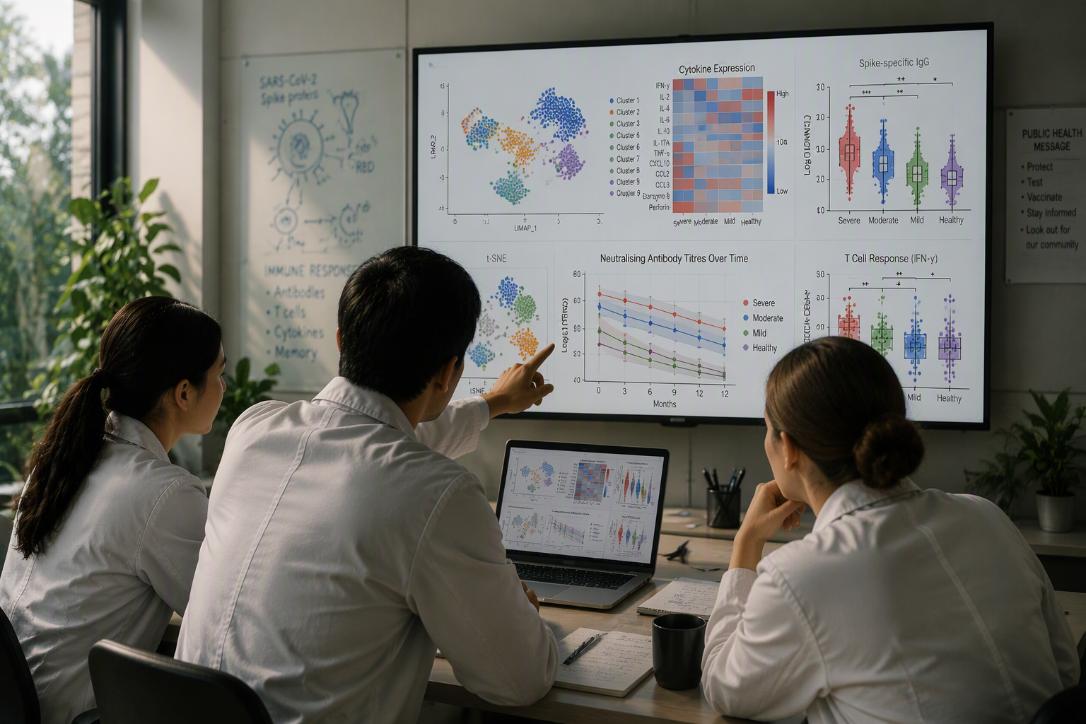 Three researchers in lab coats analyzing scientific data on a large screen in a conference room. The screen displays various graphs, charts, and heatmaps related to immune response and cytokine expression.