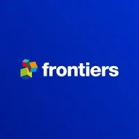 Frontiers logo with colorful geometric design on a blue background.
