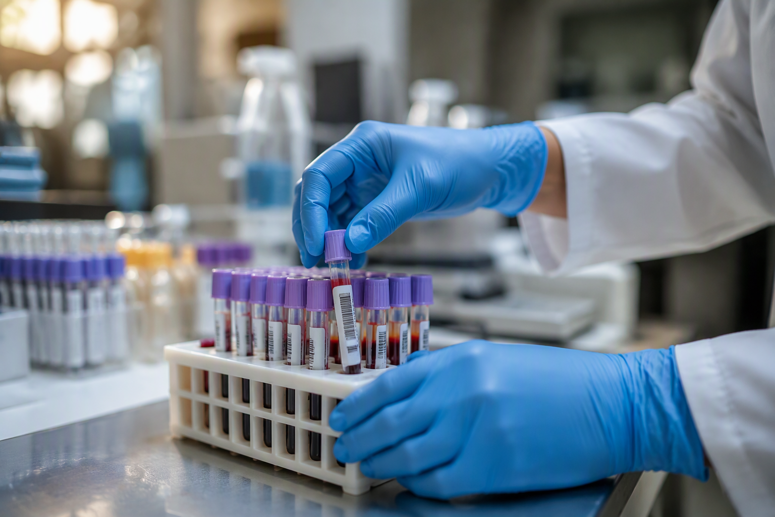 A scientist in a lab handling blood test tubes with purple caps, using blue gloves, in a laboratory setting.
