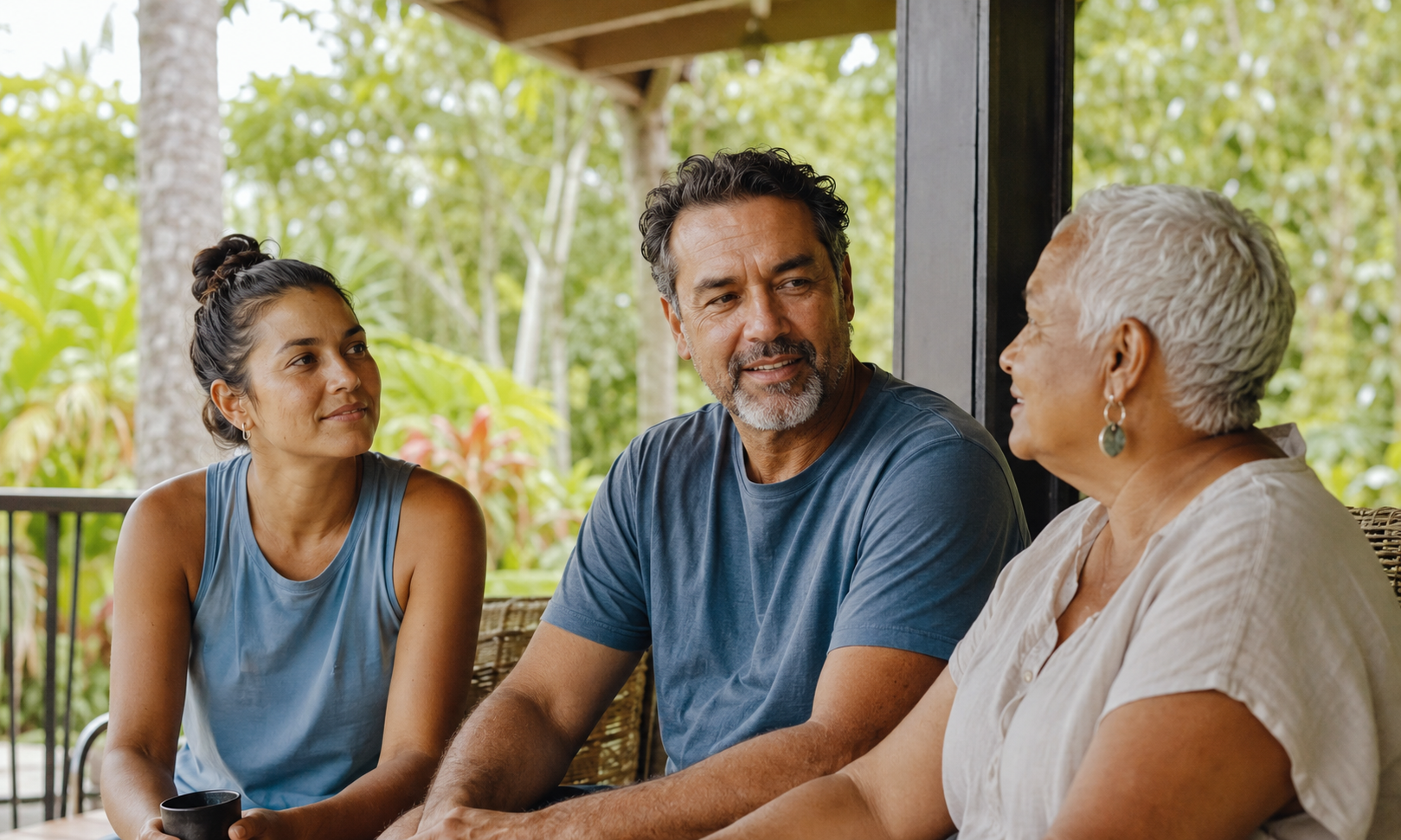 A multigenerational family sitting and talking on a porch filled with lush green plants and trees.