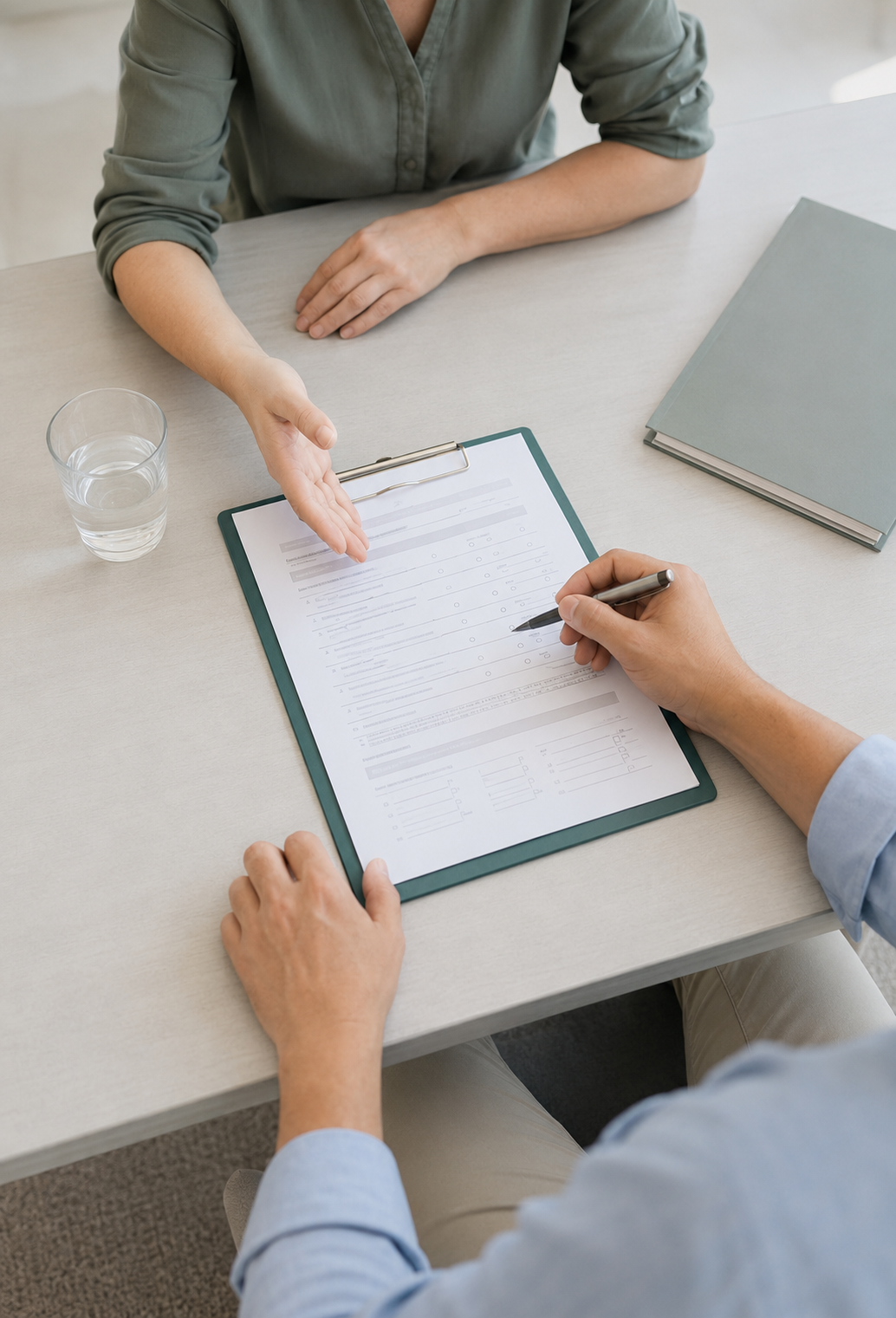 Two people at a table, one is holding a pen and filling out a form, the other is gesturing towards the form. A glass of water and a closed gray book are on the table.