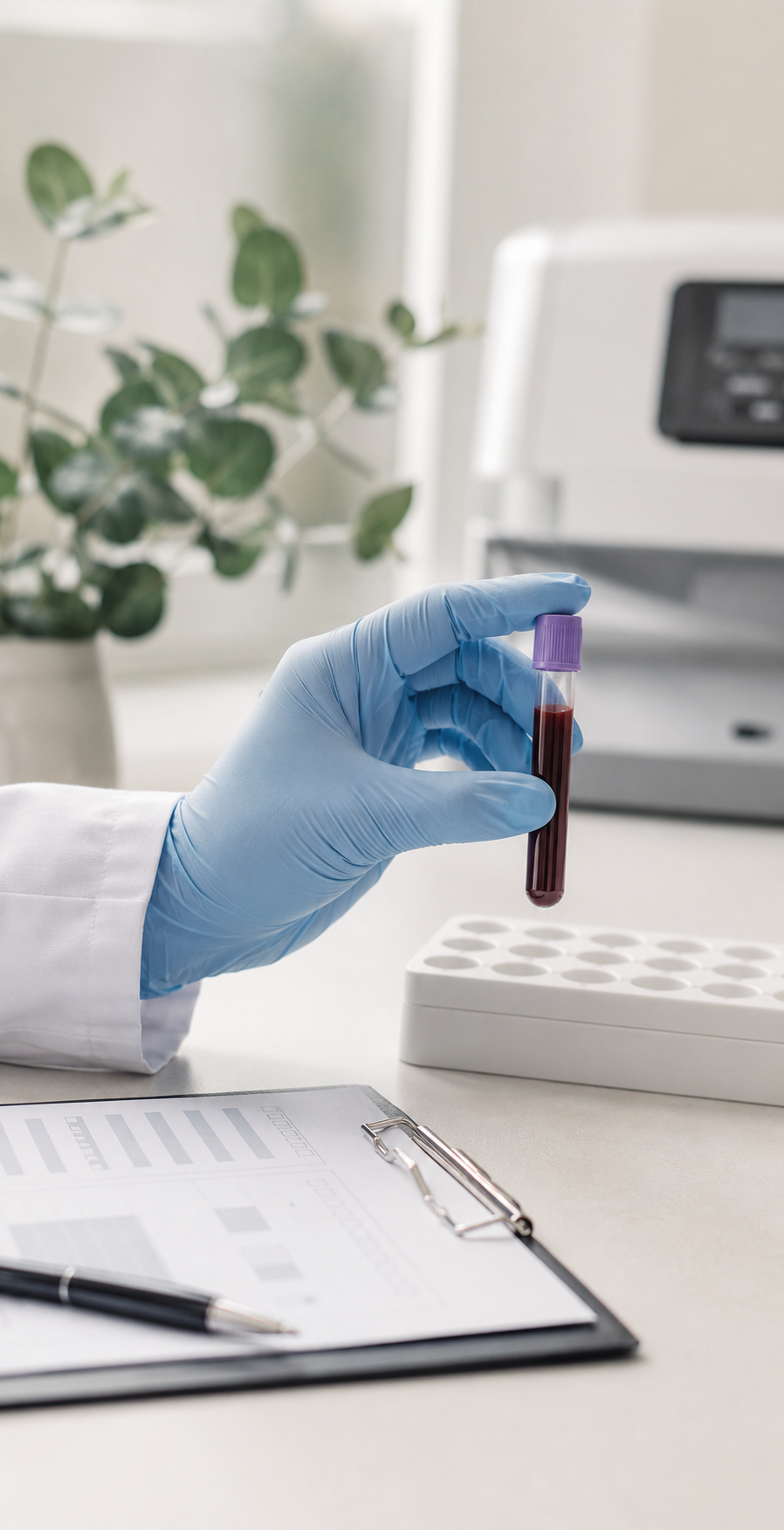 A gloved hand holding a test tube filled with blood in a laboratory setting, with laboratory equipment and a potted plant in the background.