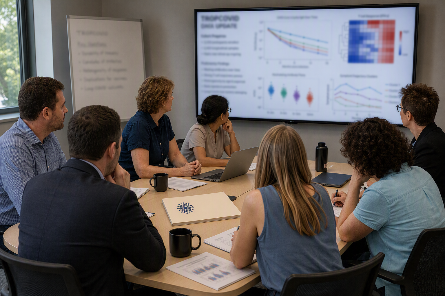 A group of eight professionals sitting around a conference table watching a presentation on a large screen, which displays various charts and graphs.
