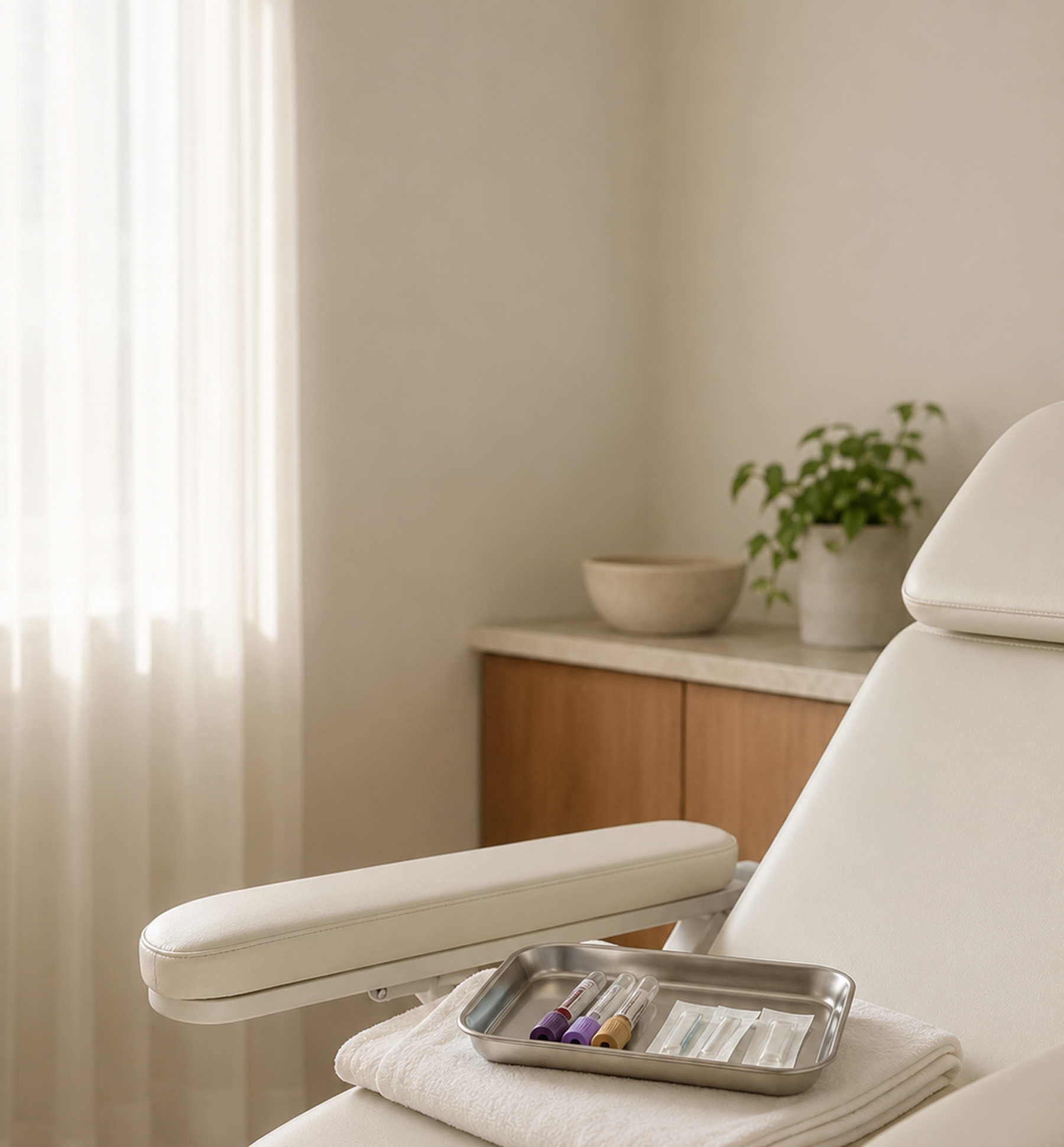 A medical examination room with a cream-colored adjustable examination chair, a metal tray with various vials and syringes resting on a folded white towel, and a wooden cabinet with a potted plant on top, set against a light-colored wall with sheer curtains filtering natural light.
