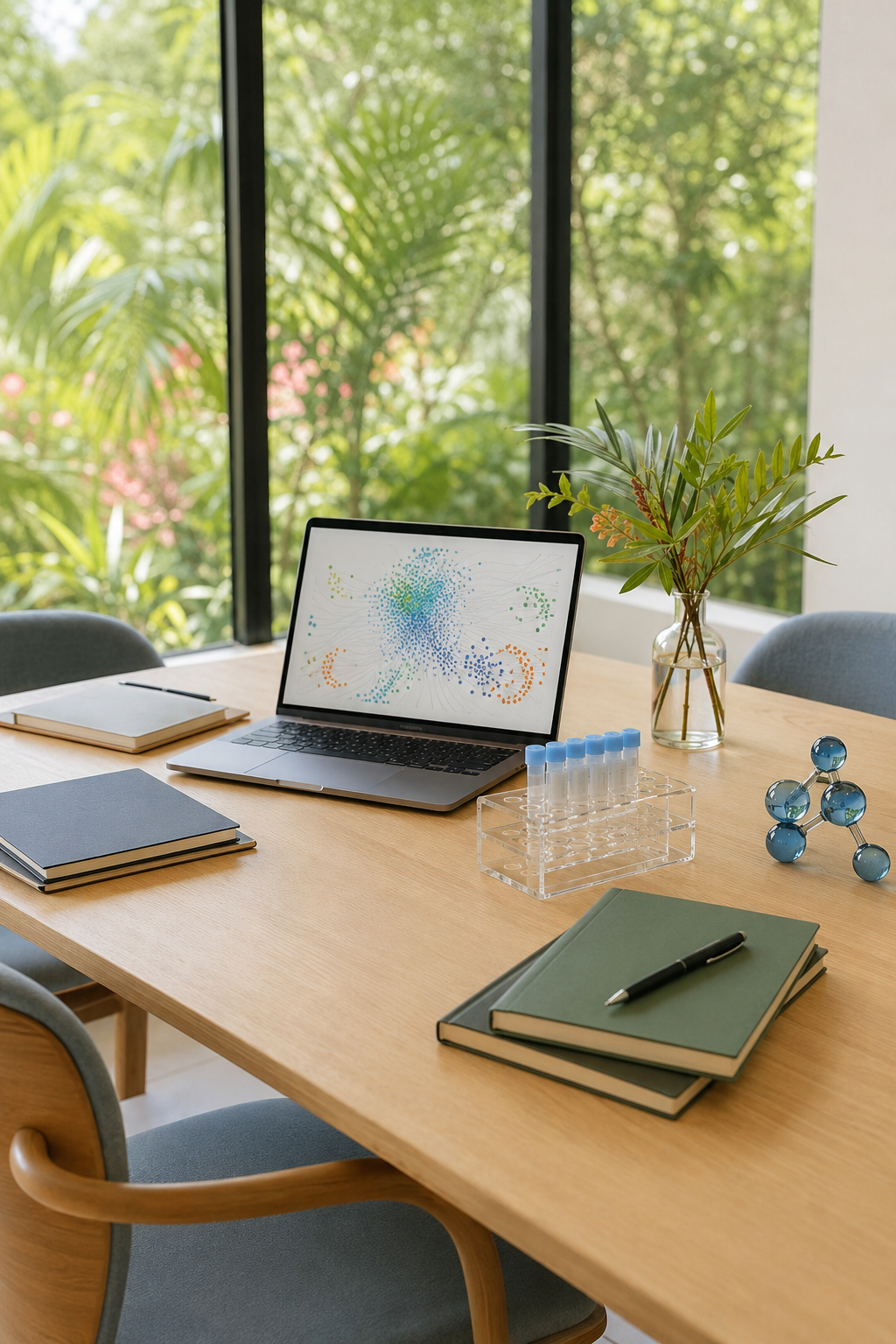 A modern conference room with a wooden table, a laptop displaying a colorful abstract pattern, notebooks, and scientific glassware, with large windows showing lush green outdoors and potted plants inside.