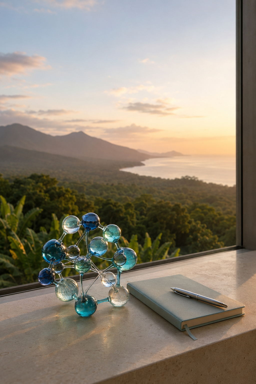 A view of a sunset over mountains and a body of water, seen from inside a room with a large window. On the windowsill, there is a blue molecular model, a closed light blue notebook, and a silver pen.