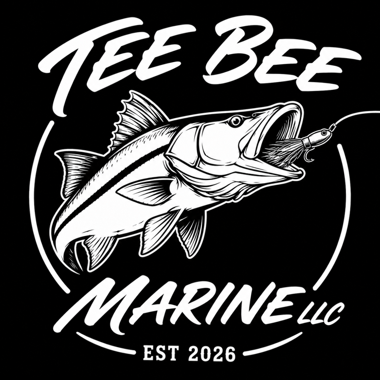 Logo for Tee Bee Marine LLC featuring a fish with a fishing lure in its mouth, with the company name and established year 2026.