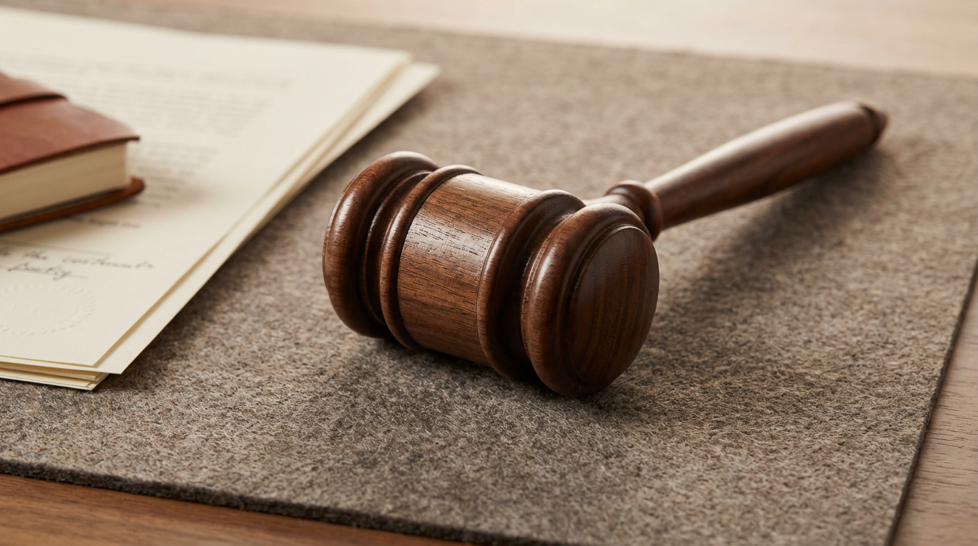Wooden gavel resting on a textured surface with scattered papers and a closed book nearby.