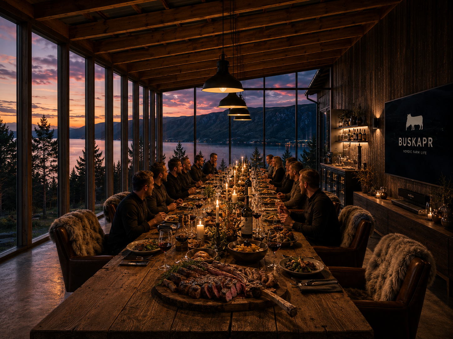 A group of people having dinner in a rustic, glass-walled room with a view of a lake and mountains at sunset.