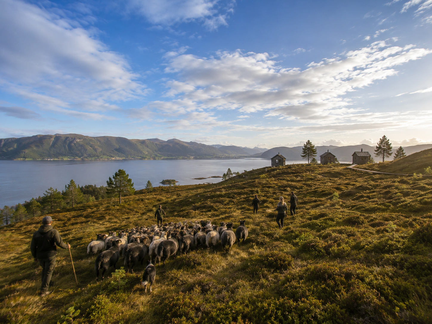 A peaceful landscape scene of a lake with hills and mountains in the background, and a few small houses on a grassy hill. In the foreground, there are several people herding a flock of sheep across a grassy field.