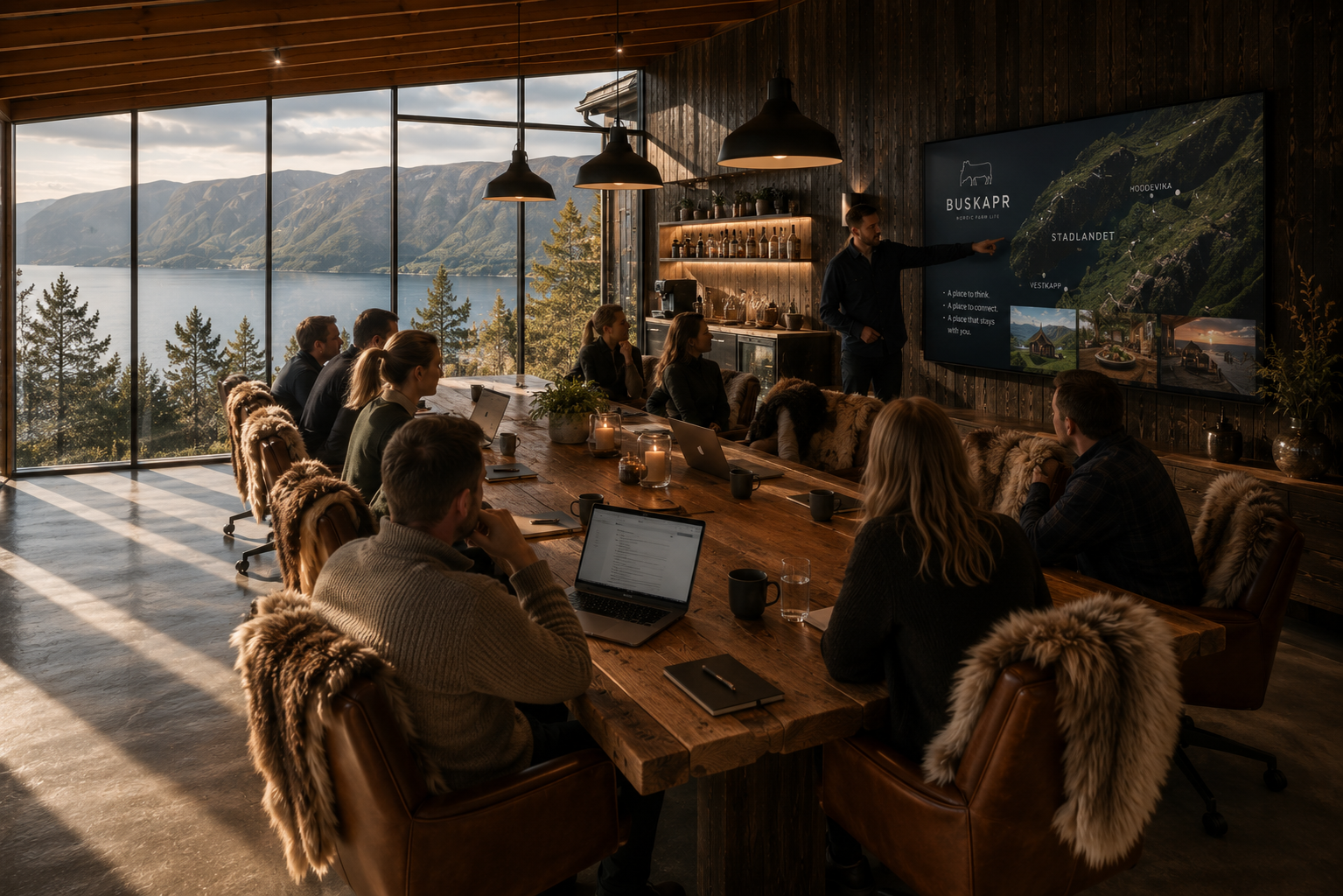 A group of people attending a meeting in a conference room with large windows overlooking a scenic lake and mountains, with a presenter pointing at a digital map on a wall screen.