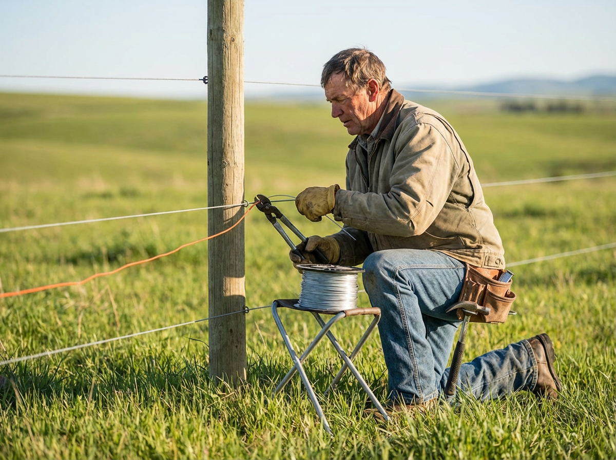 A man kneeling on the grass, working with fencing wire in a rural field during daytime. He is wearing a tan jacket, gloves, and jeans, and is using pliers to manipulate the wire. A spool of fencing wire is on a small stool beside him, and a wooden fence post with wire attached is nearby.