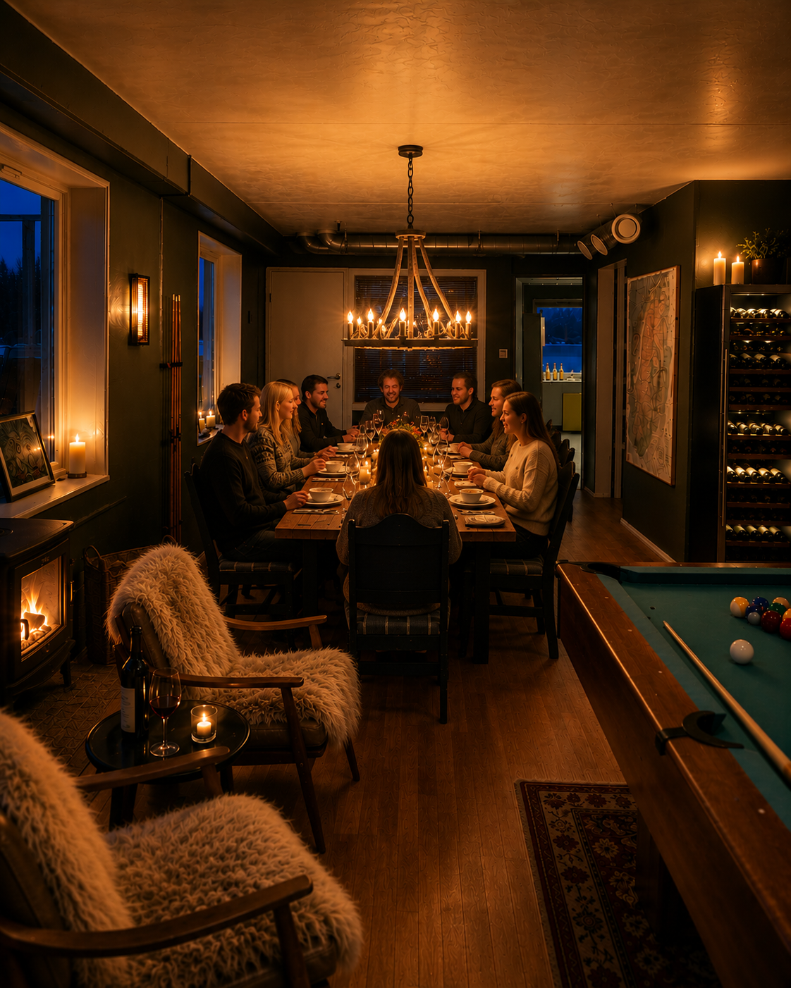A cozy indoor dining room during evening with a group of people gathered around a long table, illuminated by warm chandelier light, with windows showing a dark sky outside, and a pool table visible on the right side.
