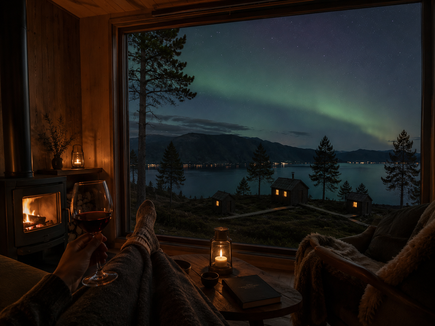 A person relaxing indoors with a glass of red wine, looking out a large window at the northern lights over a lake and mountains at night. The room is cozy with a lit lantern and a candle.