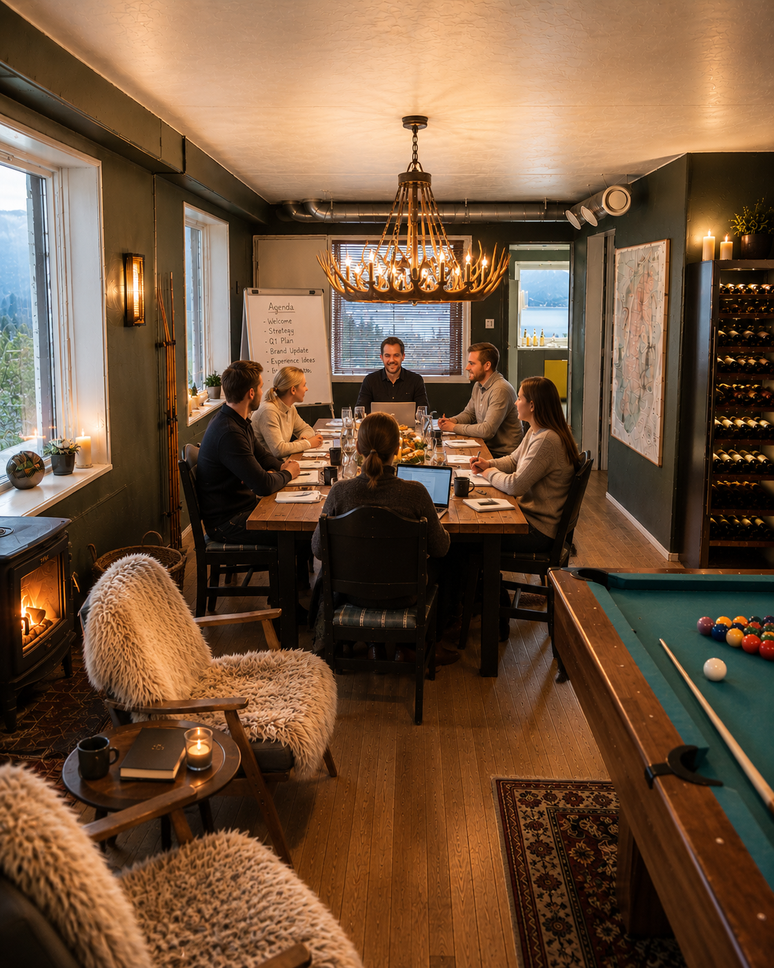 A group of seven people sitting around a rectangular wooden table in a cozy, warmly lit room with dark green walls, large windows, a chandelier made of antlers, and a pool table nearby.