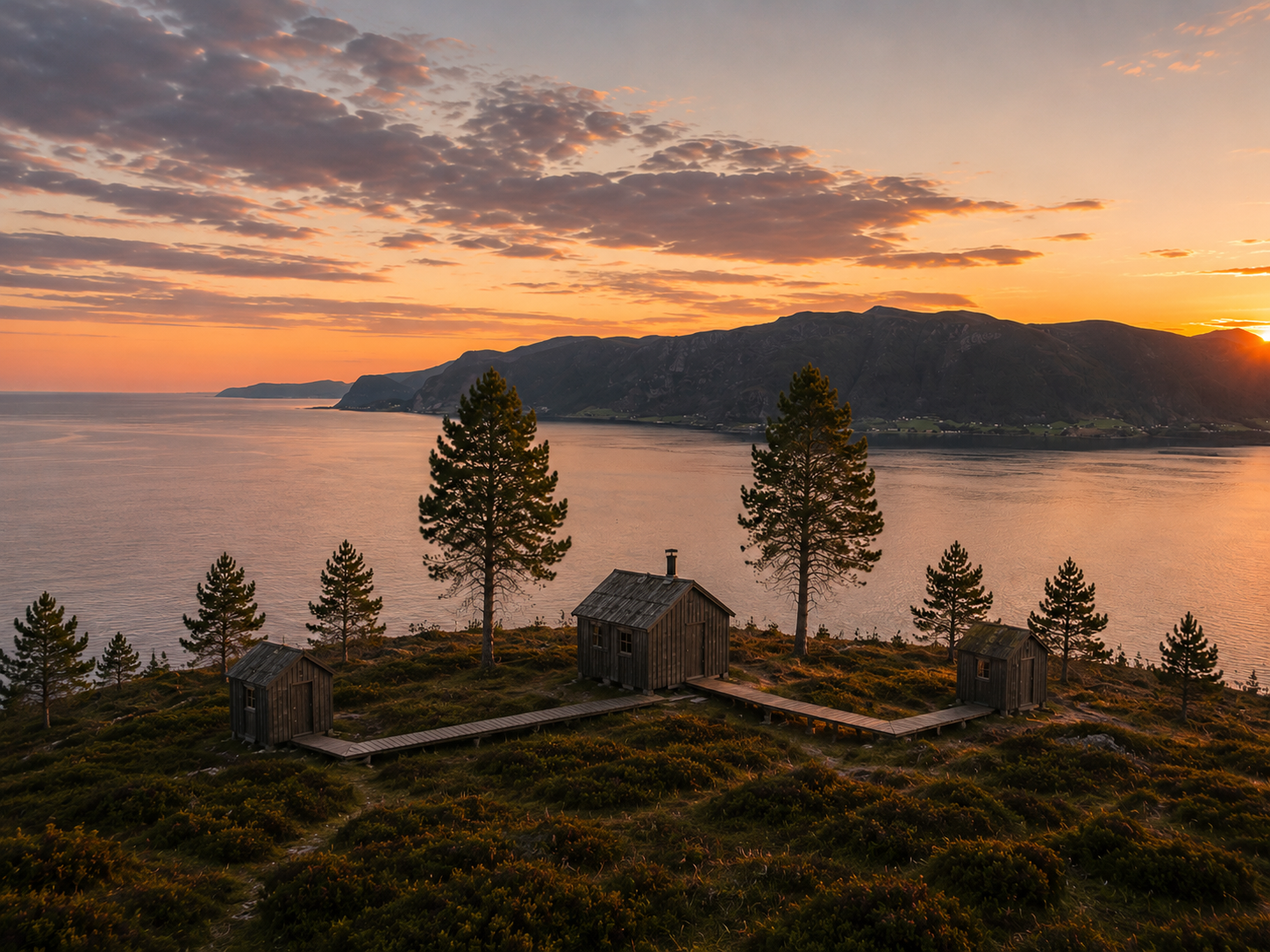 Sunset over a lake with mountains in the background and pine trees on a hillside, featuring small wooden cabins connected by a wooden walkway.
