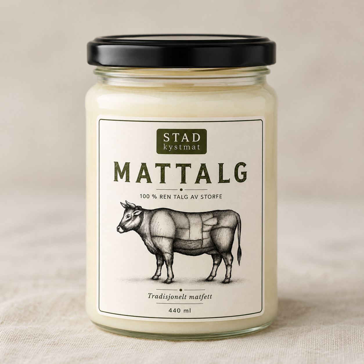 A jar of butter labeled in Norwegian with an illustration of a cow.