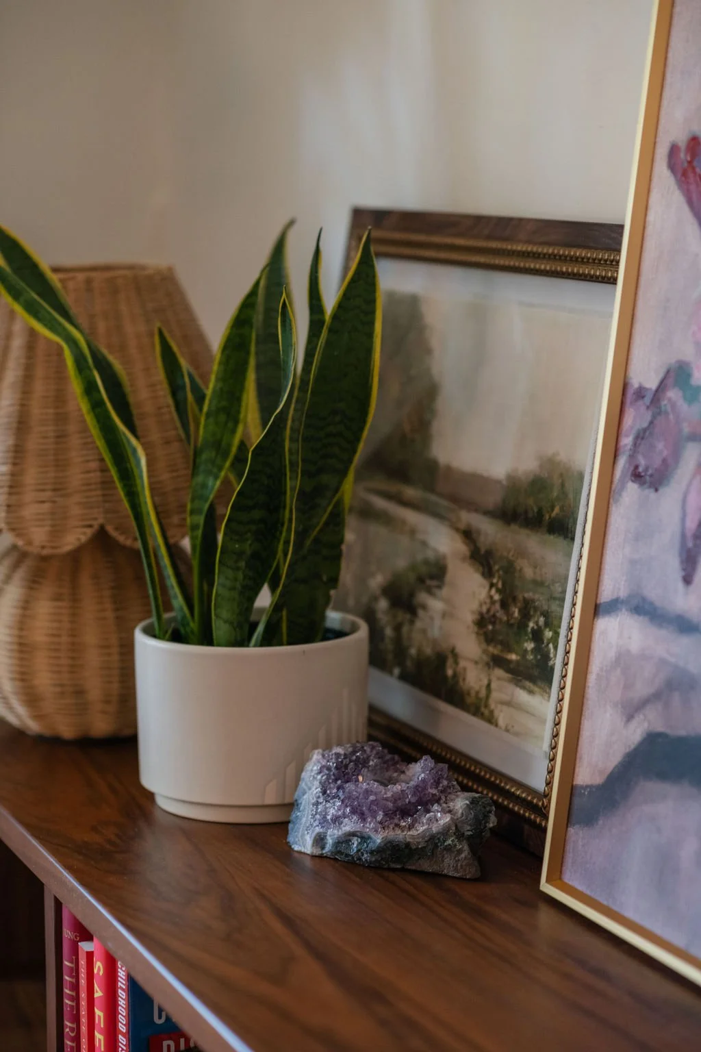 A potted snake plant with long green leaves with yellow edges, a decorative woven basket, a landscape painting in a frame, and a purple mineral or crystal on a wooden shelf.