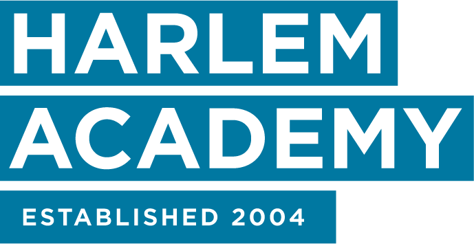 Logo of Harlem Academy with black and blue text, stating 'HARLEM ACADEMY' and 'ESTABLISHED 2004'.