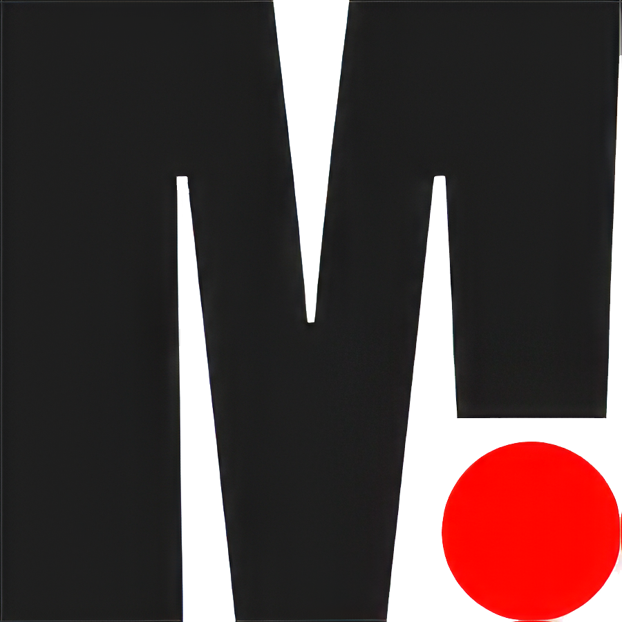 Close-up of a large black letter 'M' with a red circle in the bottom right corner for MMC (aka Marina Maher Corporation).