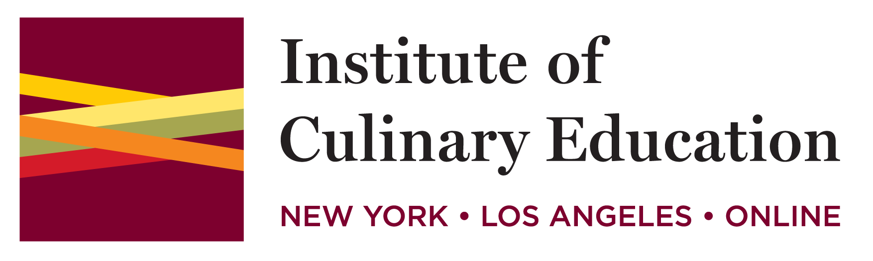 Logo of Institute of Culinary Education featuring a maroon square with yellow, orange, and light green diagonal stripes, alongside black text and maroon location tags for New York, Los Angeles, and Online.