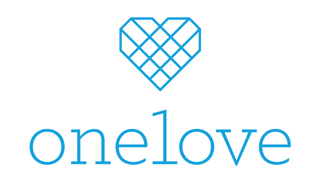 A blue wireframe heart shape above the words 'one love' in blue text.