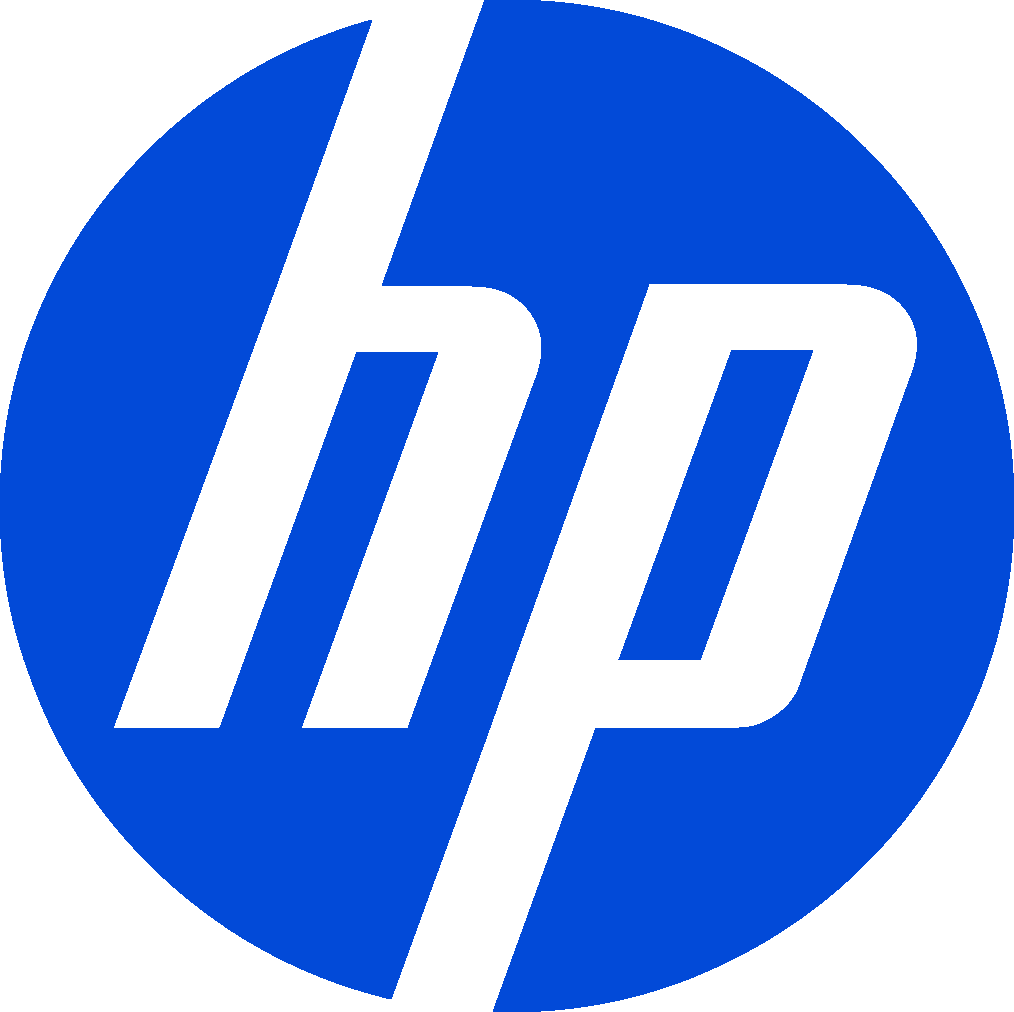 HP logo featuring black text 'hp' inside a blue circle.