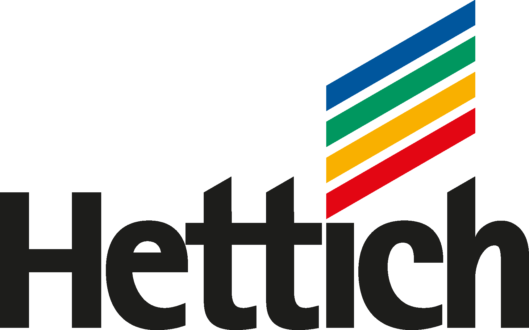 The logo for Hettich features the name in large black letters with five diagonal colored bars (blue, teal, yellow, red, and black) stacked vertically to the right of the text.