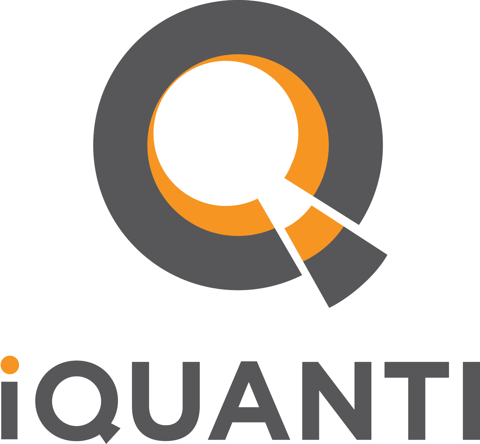 A large circular logo with a stylized letter 'Q' and the word 'iQUANTI' underneath, designed with orange, black, and white colors.
