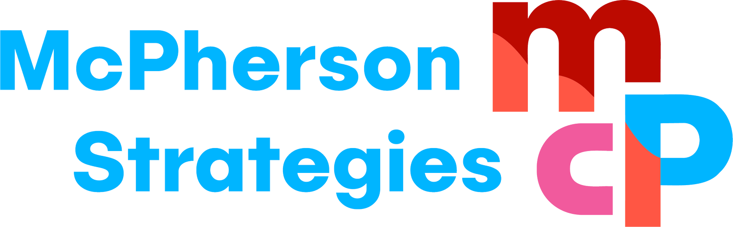 McPherson Strategies logo displayed with the company name in blue, alongside colorful abstract letter designs in red, pink, and blue.